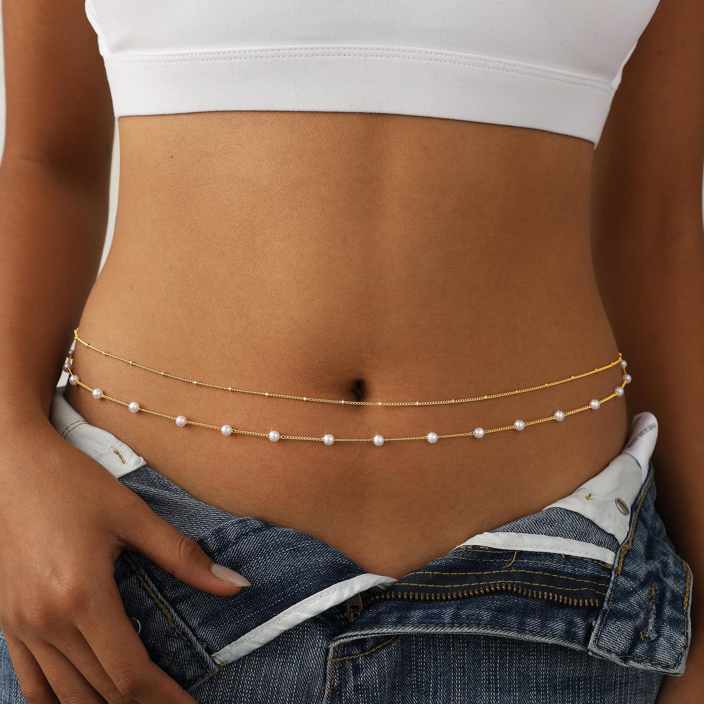 JIKASI 14K Gold Plated Waist Chain for Women Dainty 2Pcs Layered Belly Chain Beaded Pearl Body Chain Belt Set Waterproof Summer Beach Bikini Jewelry Accessories Adjustable Waist Beads Gift