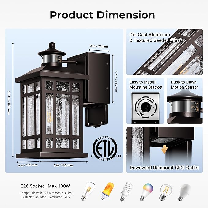 Motion Sensor Outdoor Lights with GFCI Outlet, 2-Pack ORB Dusk to Dawn Outdoor Lights, 5 Lighting Modes Exterior Light Fixture for House Front Door Patio Garage, Brightness Distance Adjustable