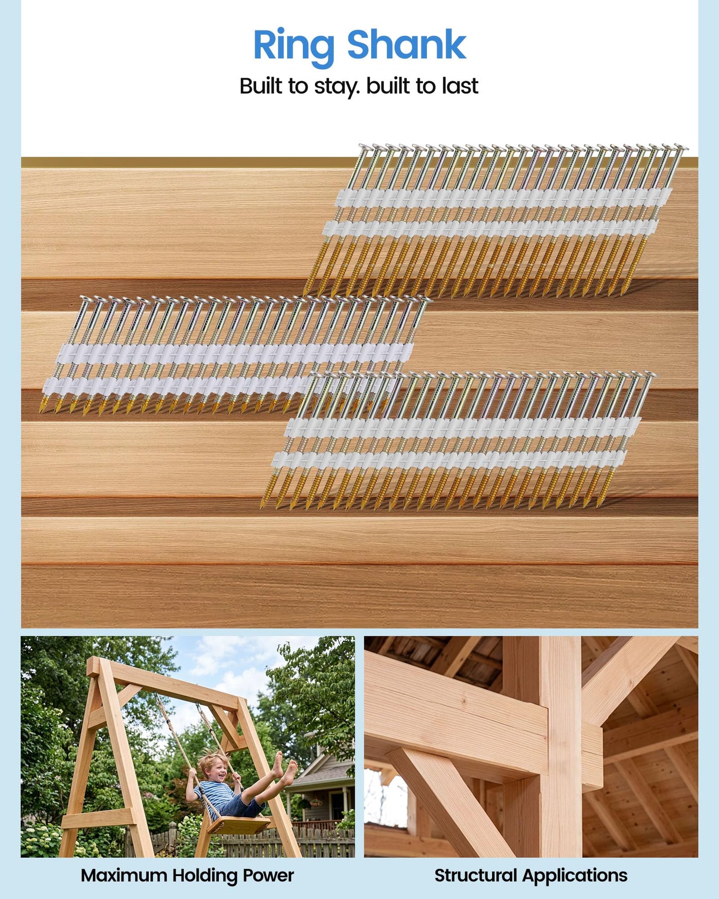 meite 21 Degree Framing Nails 3 Inch x 0.120'', Ring Shank Galvanized Plastic Collated Framing Nails for 21 Degree Framing Nailer, Full Round Head Structural Nails for Fencing Decking Sheding 1,000PCS