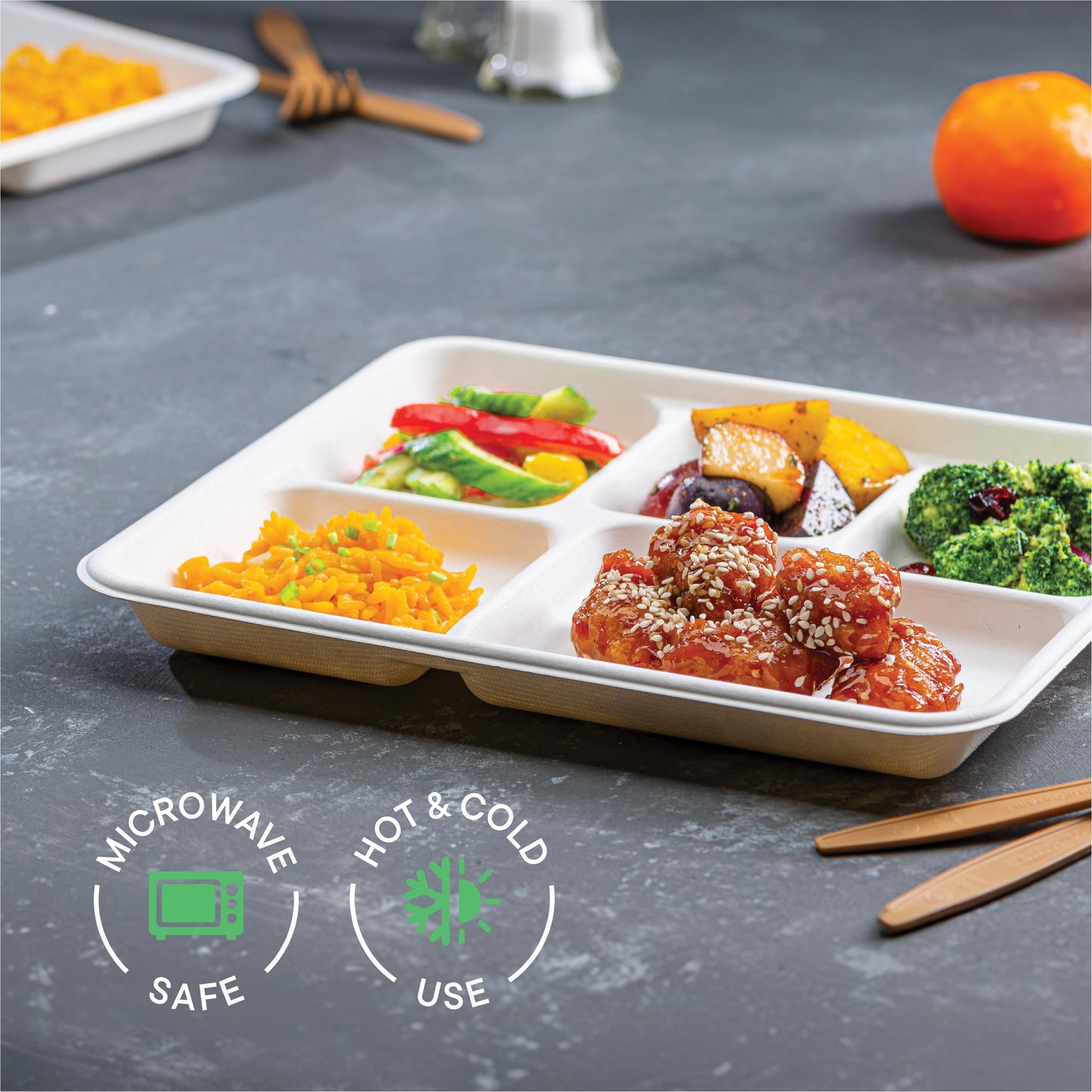 100% Compostable Paper Plate 125-Pack 5-Compartment Bagasse School Lunch Tray, Heavy Duty Quality Disposable Tray, Eco-Friendly Made of Sugar Cane Fibers