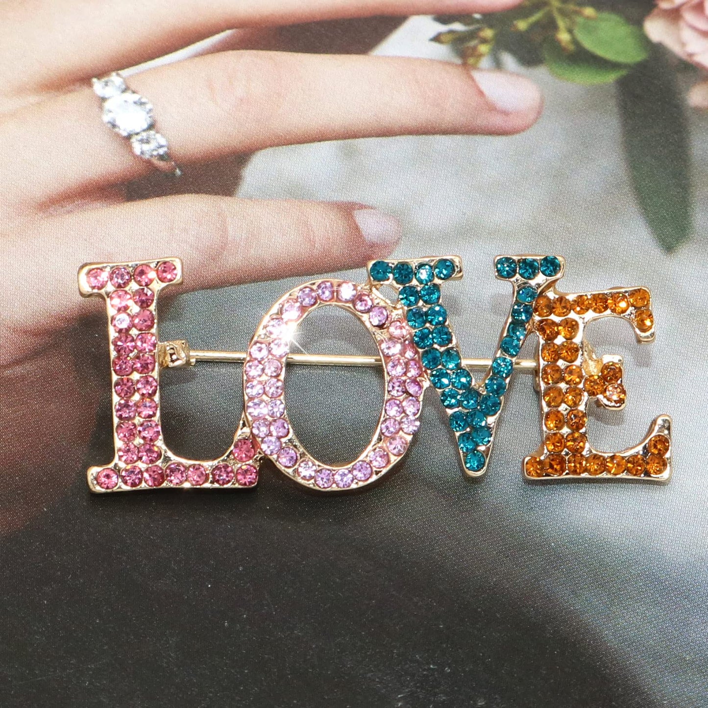 Multicolor Crystal Love Brooch Fashion Elegant Rhinestone Wedding Party Brooches Pin Jewelry Accessories Valentines Gift for Women Girl 14K Gold Plated(Multicolor)