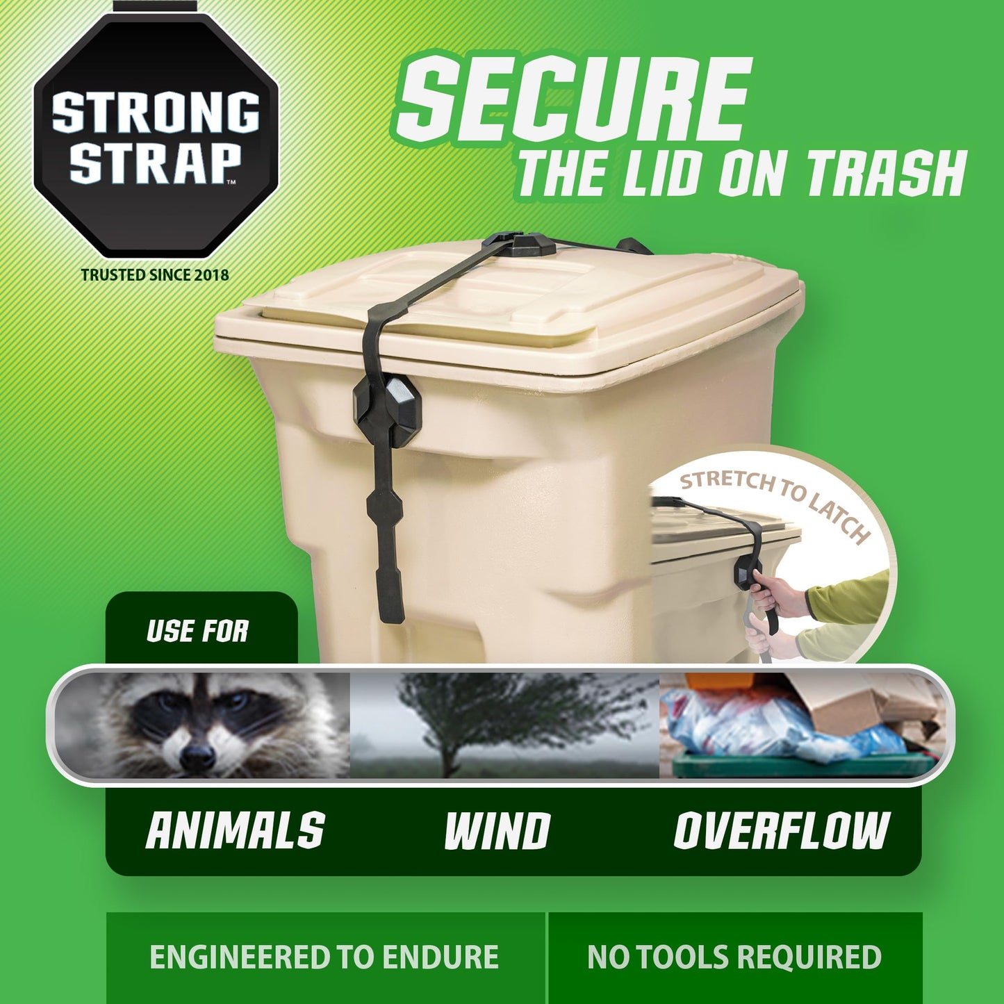 Blazer Brand Strong Strap Lid Lock for 32–96 Gallon Garbage Cans (1 Starter Kit) Long Lasting, No Tools Required, Stretch to Latch, Mitigate Pests, Wind, Overflow, and Spillage