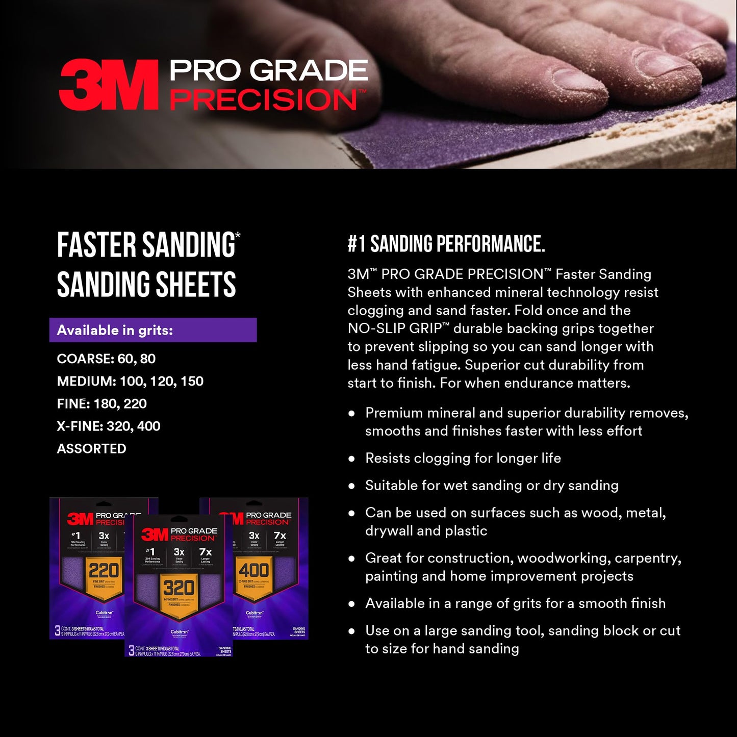 3M Pro Grade Precision Faster Sanding Sheets, NO-Slip Grip Backing, Assorted Grits 220/320/400, 9" x 11", 3 Sheets Each, 9 Total