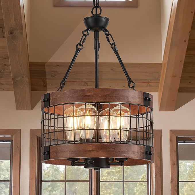 4-Light Farmhouse Drum Wood Pendant Light,14.5'' Vintage Rustic Brown Oak Wood Chandeliers,Retro Industrial Hanging Light Fixtures for Dining Room Entryway, Bedroom