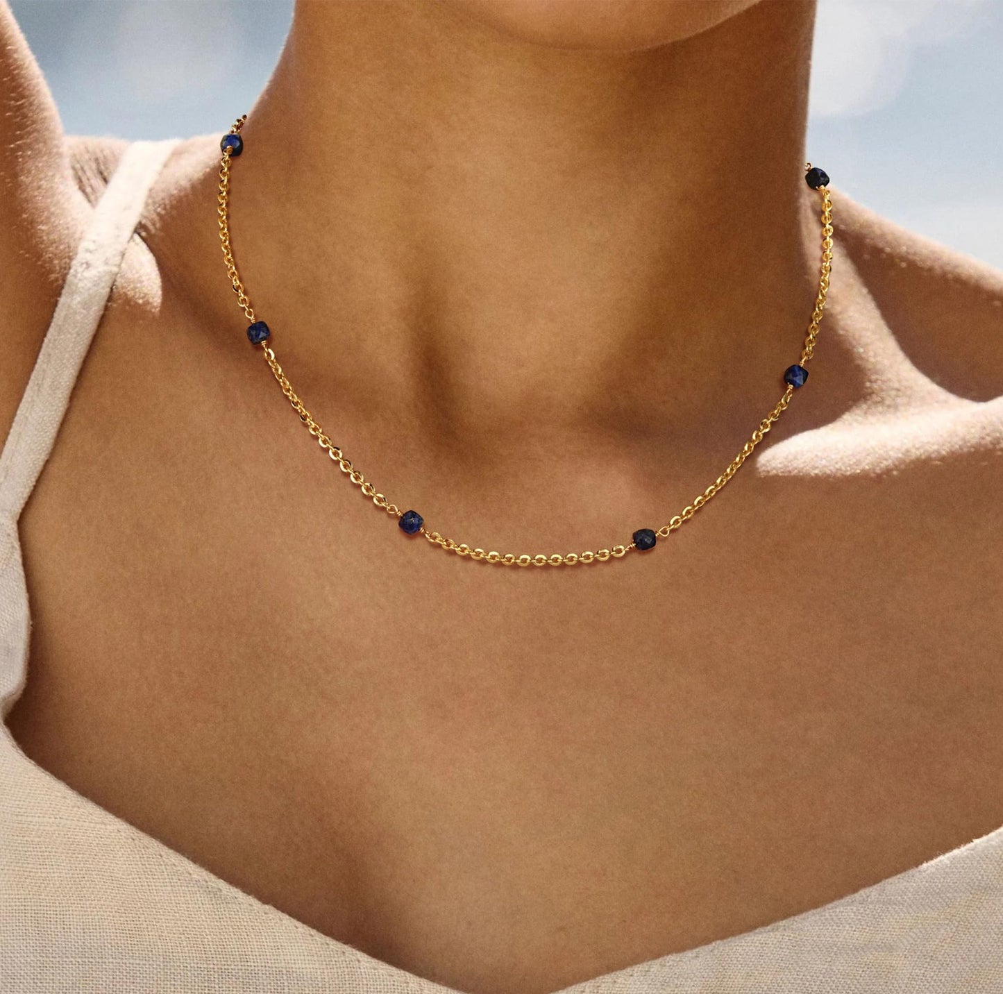 LOLAR RAY Lapis Lazuli Jewelry for Women - 14K Gold Plated Round Beaded Choker Summer Beach Boho Choker Bead Gift