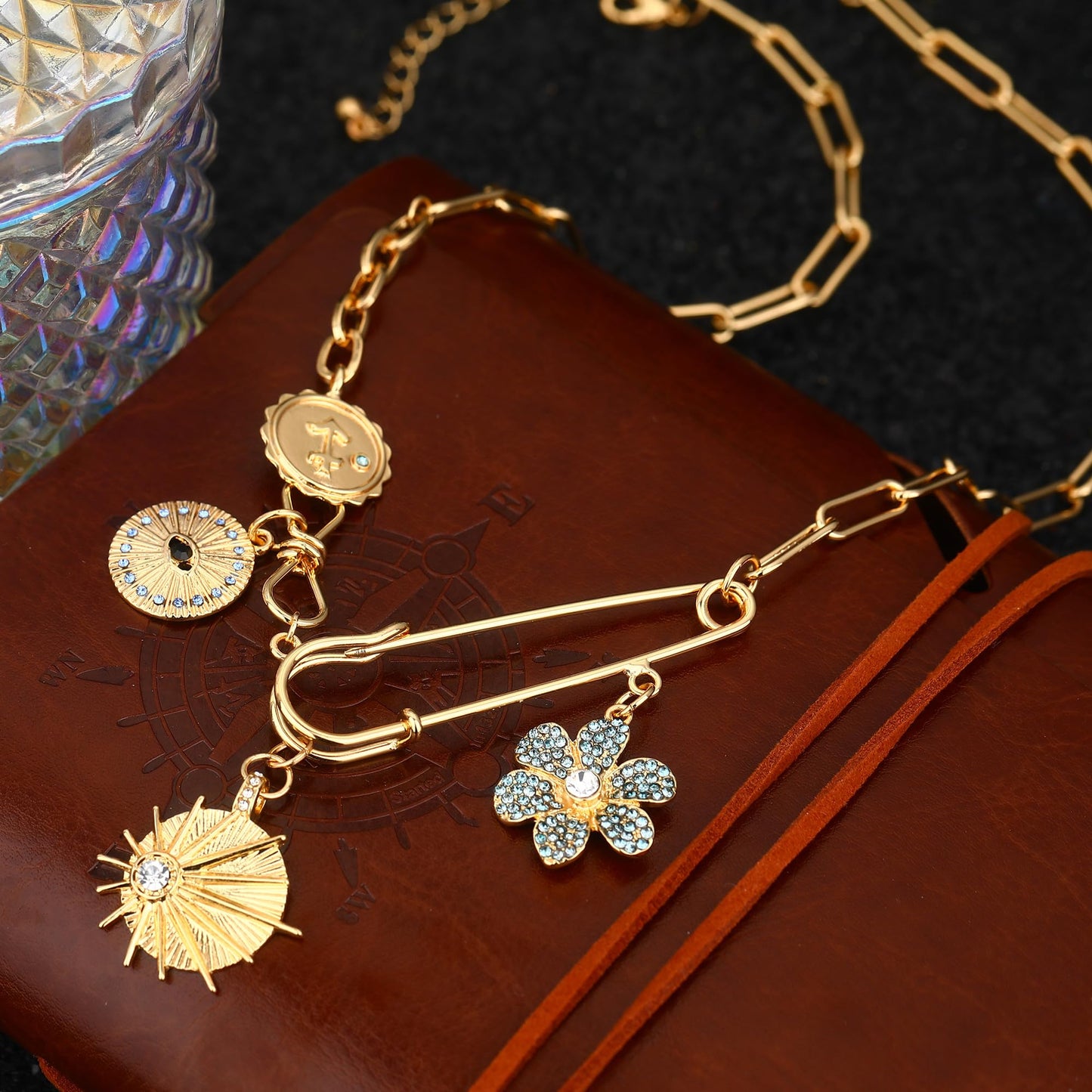 BONJOULRY Charm Necklace for Women Gold Sun Flower Evil Eye Good Luck Pendent Necklace Chunky Paperclip Third Eye Amulet Necklace for Women Flower