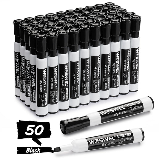 WOSWEL Dry Erase Markers Bulk, Chisel Tip Whiteboard Markers, Low Odor Thick Dry Markers, 50 Black Color for Teachers, Classroom, Office & Home Use