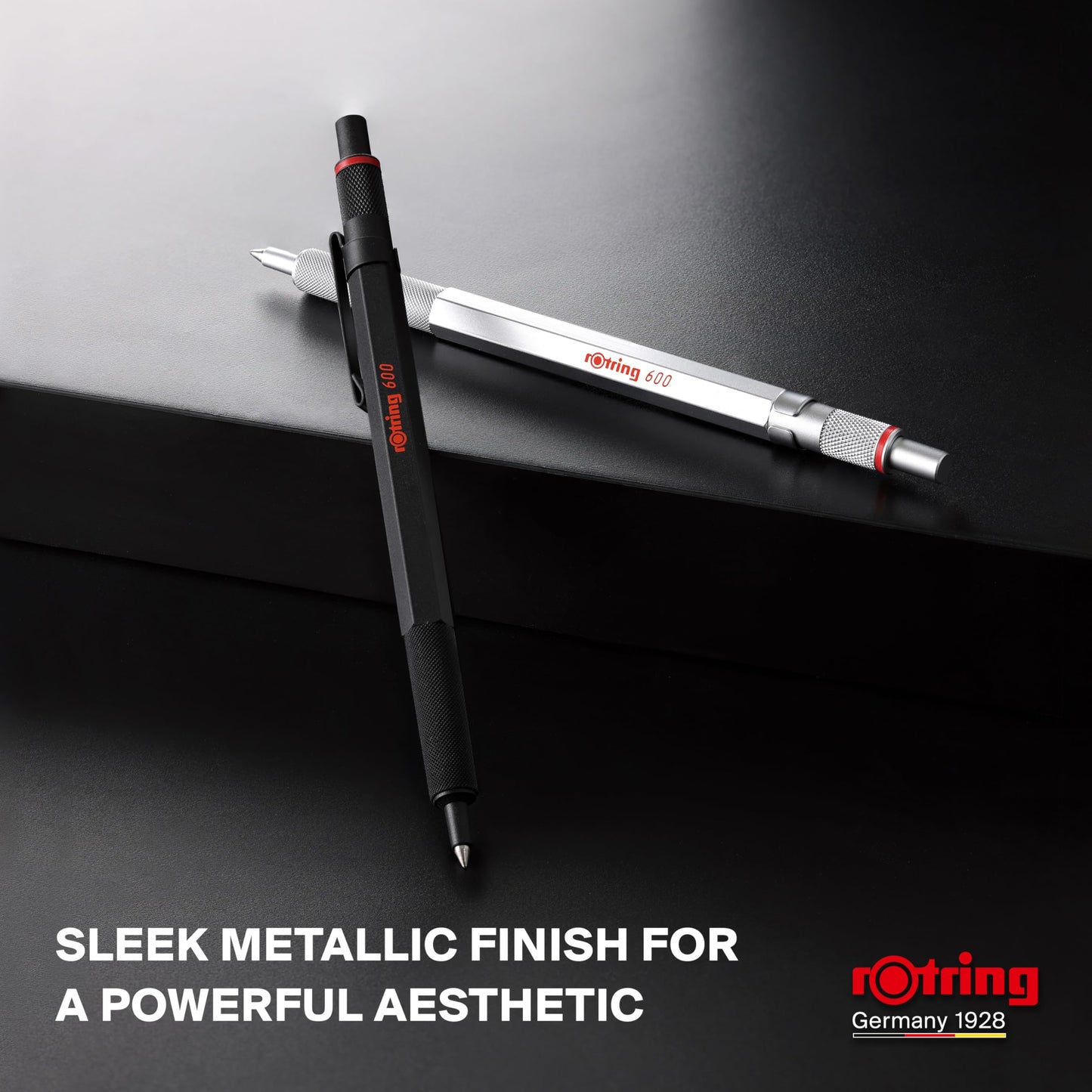 rOtring 600 Gel Pen, Black Metal Body Pen, Black Ink, 0.55mm, Non-Slip Knurled Grip & Hexagonal Barrel, Refillable, 1 Count - Smooth Writing, Stationary, Desk Essentials