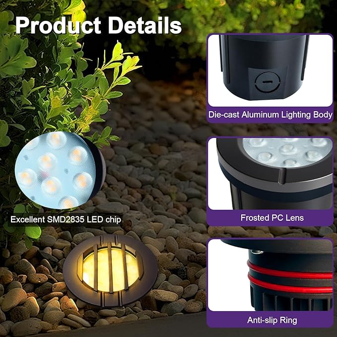 6W Well Lights, Grated Top, 3000K, 12-24V AC/DC, Outdoor In-ground Lights with Wire Connectors, IP65 Waterproof Low Voltage Lighting for Garden Fence Pathway Deck, ETL Certified, 12 Pack