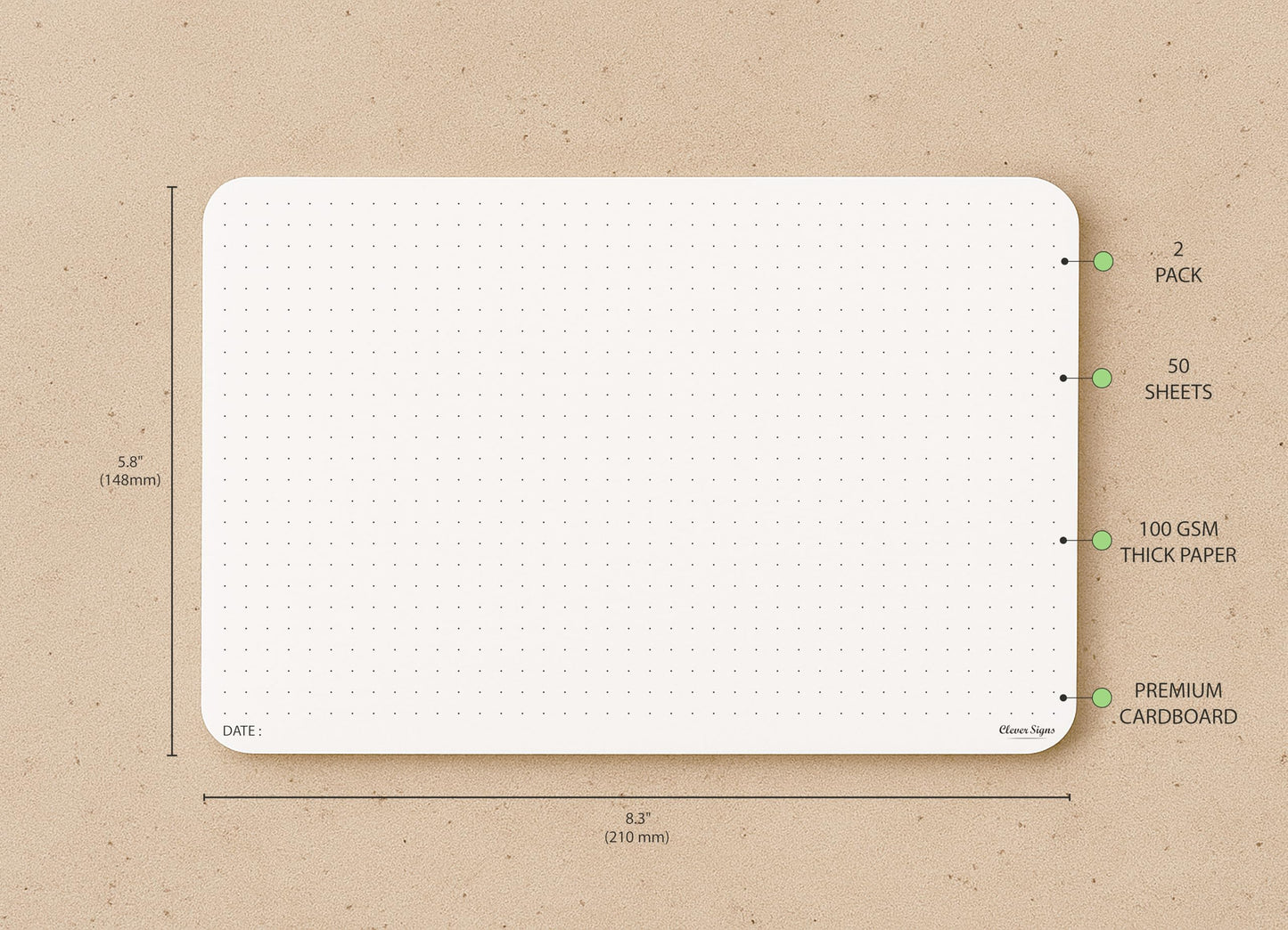 CLEVER SIGNS A5 Dot Grid Notepad – 2 Pack (5.8" x 8.3") – Medium Dotted Memo Desk Pads, Premium Paper with Cardboard Back Support – Mouse Pad Notepad, Ideal for Note-Taking, Planning, Sketching & Journaling