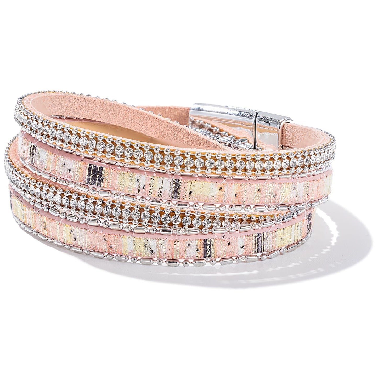 FANCY SHINY Boho Leather Wrap Bracelet Stackable Crystal Rhinestone Bangle Cuff with Magnetic Clasp Trendy Bohemian Jewelry for Women(Pink)