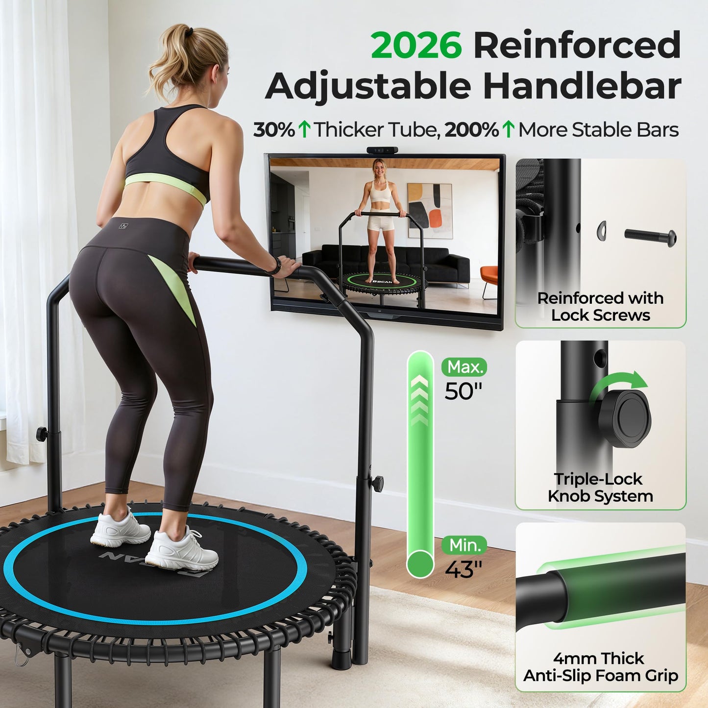 BCAN BT2 450/550LBS Mini Rebounder Trampoline for Adults with Bar, Fitness Trampoline with Bungees, Adjustable Handle, Stable & Quiet, Indoor Outdoor, Whole-Body Workout & Relaxation at Home-40IN-BLU