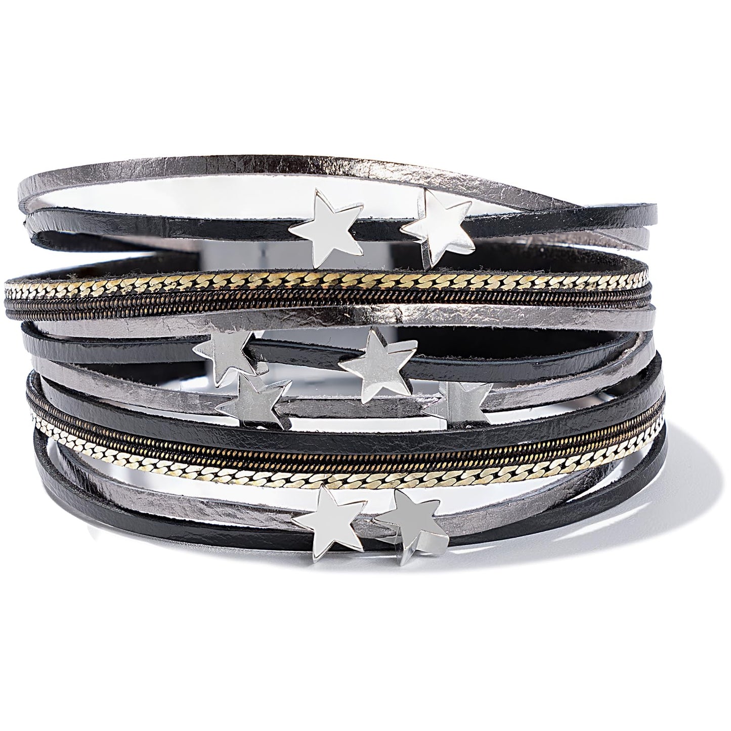 FANCY SHINY Leather Wrap Star Bracelet Boho Bangle Bracelets for Women Trendy Stackable Cute Star Bracelet with Magnetic Clasp(Black)