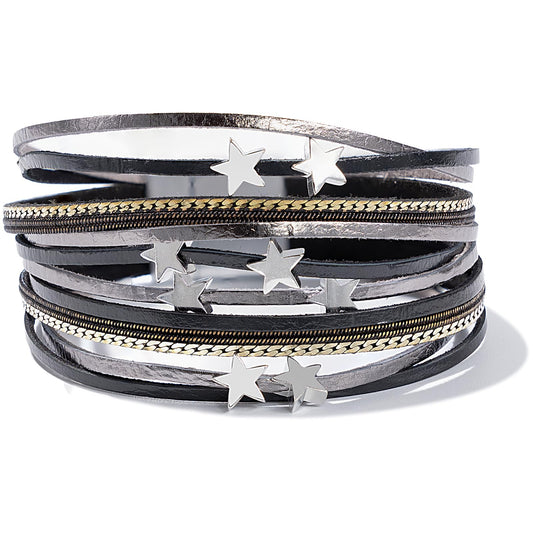 FANCY SHINY Leather Wrap Star Bracelet Boho Bangle Bracelets for Women Trendy Stackable Cute Star Bracelet with Magnetic Clasp(Black)