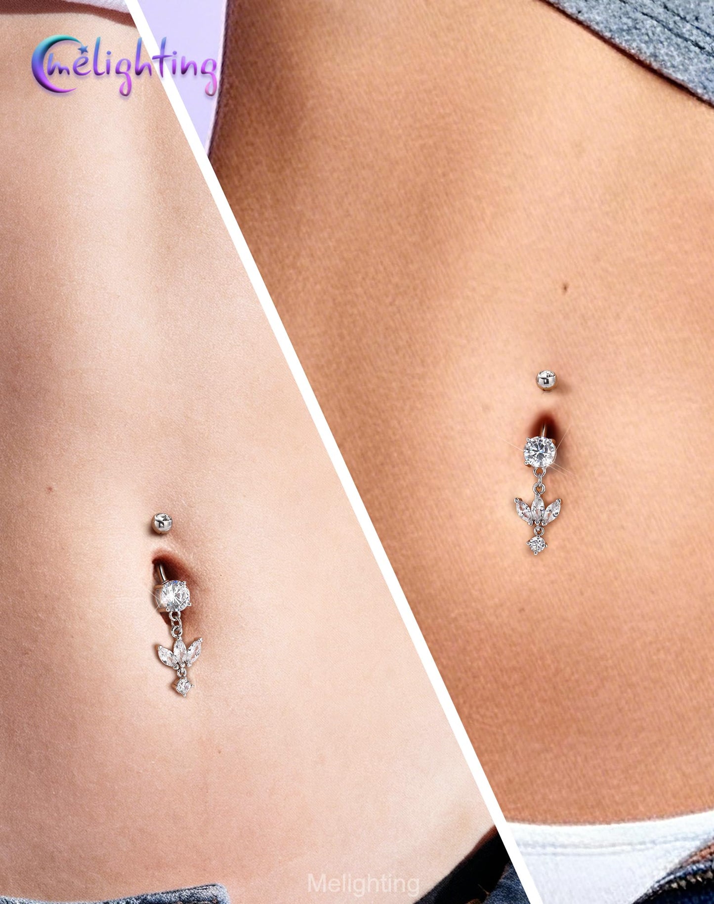 Melighting Minimalist Lotus Belly Button Ring 14G 10mm Navel Ring with Three Marquise CZ Petals and Dangling Round Zircon, 316L Stainless Steel Belly Piercing Jewelry in Silver