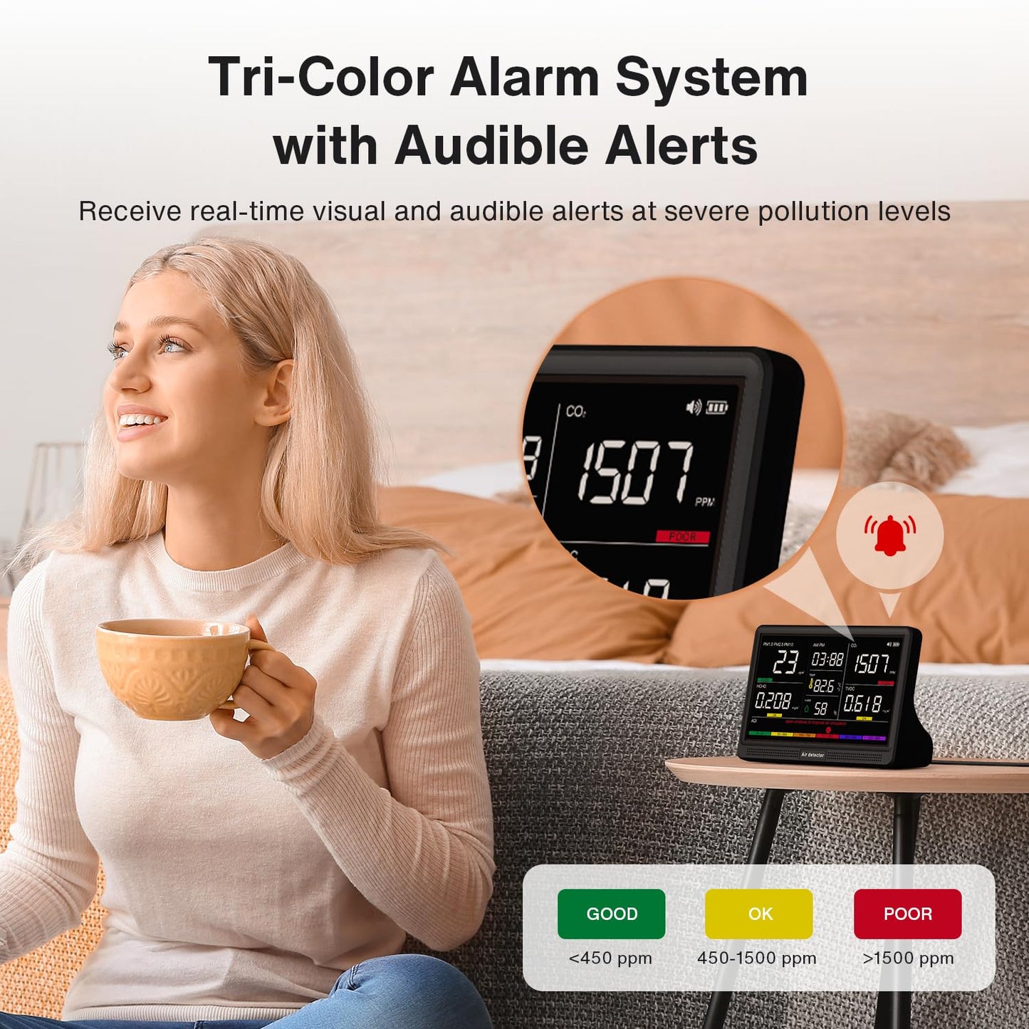 16 in 1 Air Quality Monitor Indoor 7" Display 9 AQI+7 AQI Alerts, CO2 Monitor Air Quality Tester for CO2, TVOC, PM2.5 PM1.0 PM10, HCHO Temperature Humidity AQI & Time Air Quality Meter for Home