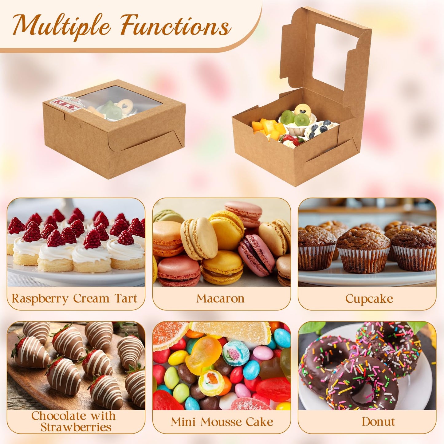 OAMCEG 30 Pack Cupcake Boxes with Window, 6x6x3 Inches Cookie Boxes, Bakery Treat Boxes for Pastry, Desserts, Chocolate Strawberries, Cupcake Containers, Gift Giving with Stickers & Twine （Brown）