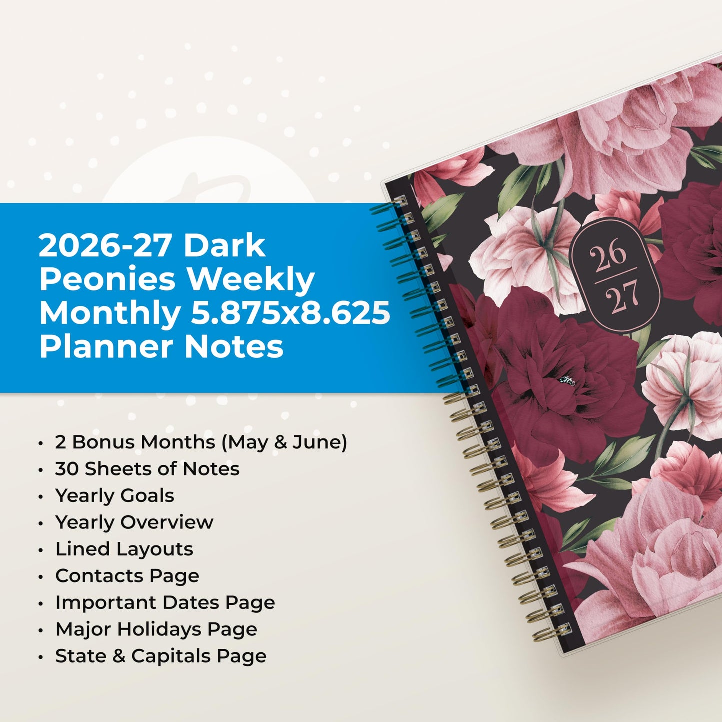 Blue Sky 2026-2027 Weekly and Monthly Academic Year Planner Calendar, July 2026 - June 2027, 5.875" x 8.625", Flexible Pocket Cover, Wirebound, Laminated Tabs, Includes Extra 30 Sheets of Notes, Dark Peonies
