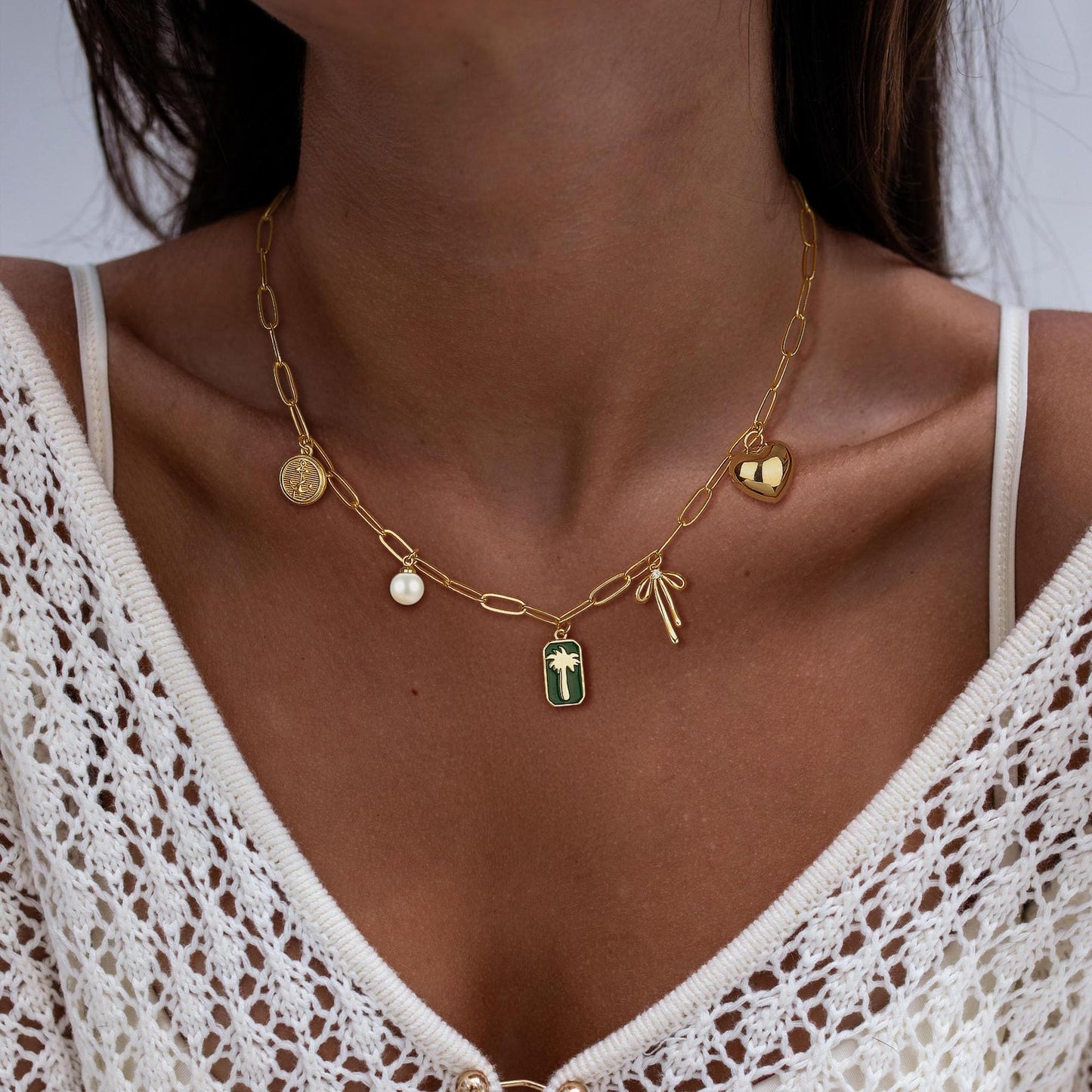 SELSHE Charm Necklace for Women,Dainty Gold Heart Bow Necklace Charms Cute 14k Gold Plated Necklaces for Women Trendy Waterproof Jewelry