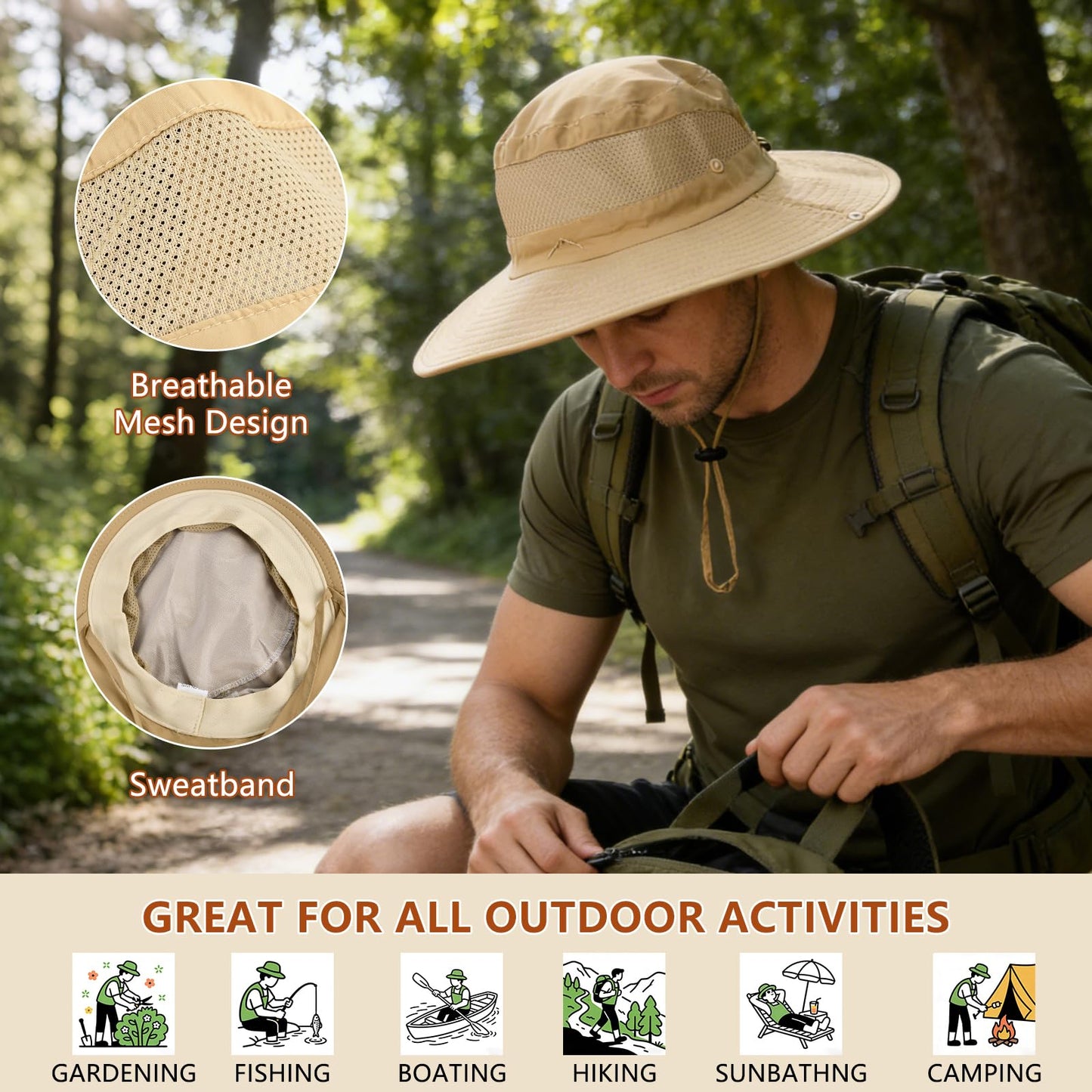 ZOORON Sun Hats for Men Women Fishing Hat with Neck Flap,UPF 50+ Sun Hat Waterproof Wide Brim Bucket Hats for Safari Hiking