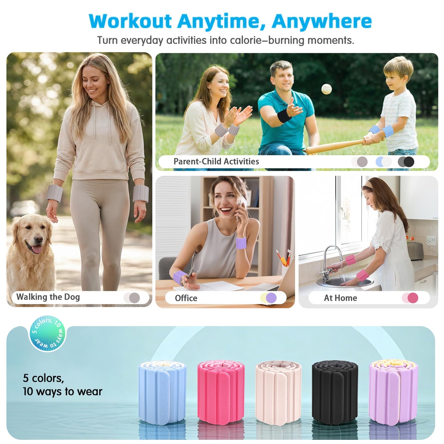 BECOJADDE Wrist Weights Ankle Weights for Women 1 Pair (1.1 lb Each) Silicone Magnetic Leg Arm Weighted Bracelet for Home Yoga Pilates Gym Workout Walking Jogging, Blue Cream