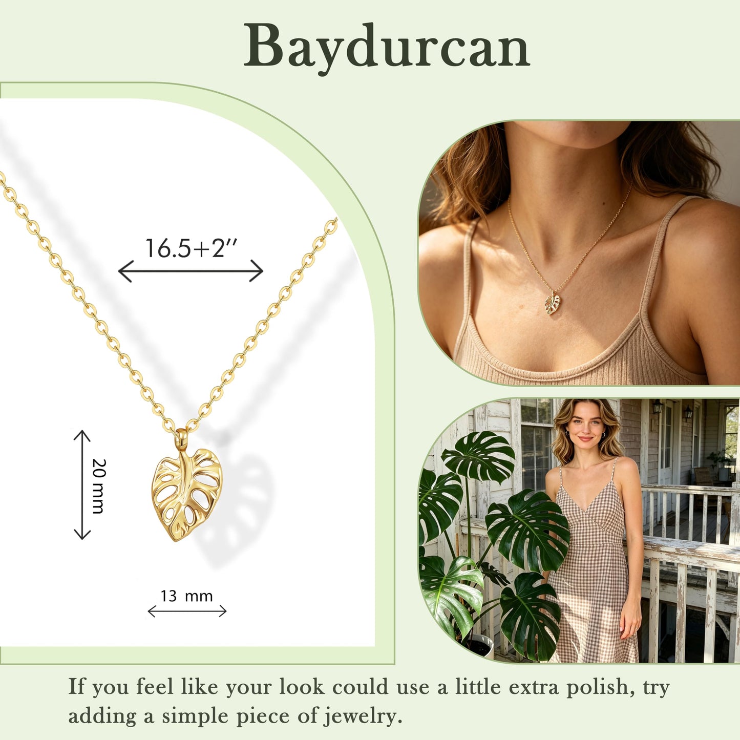 Baydurcan Monstera Necklace for Women, Plant Leaf Pendant Monstera Jewelry, Botanical Gift for Plant Lover