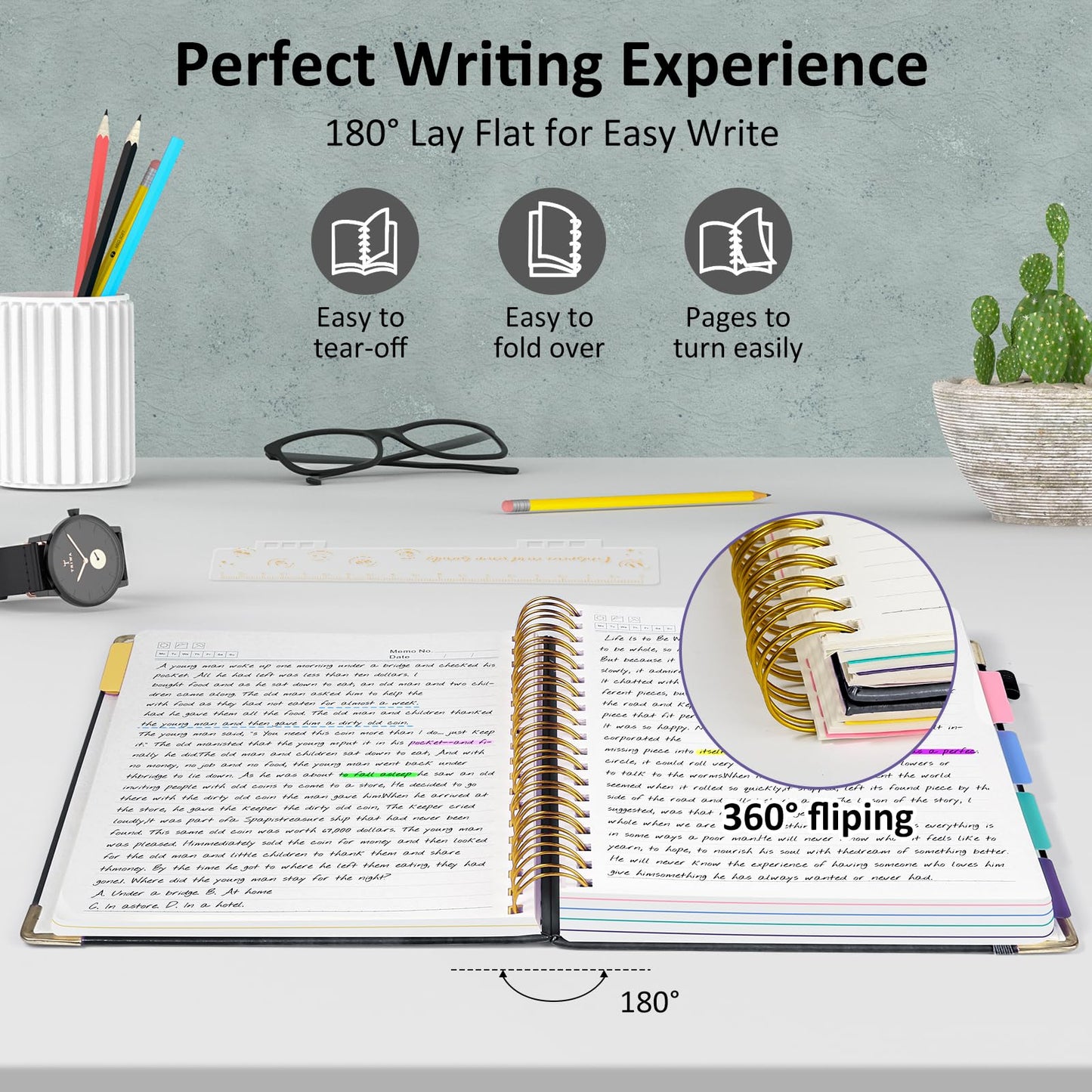 Hardcover Spiral Notebook Journal, 8"x10" Large B5 Notebooks with Removable Dividers Tabs, 300 Pages Leather 5 Subject Notebook College Ruled, Journal for Work School Note, 100 GSM Thick Paper,Black