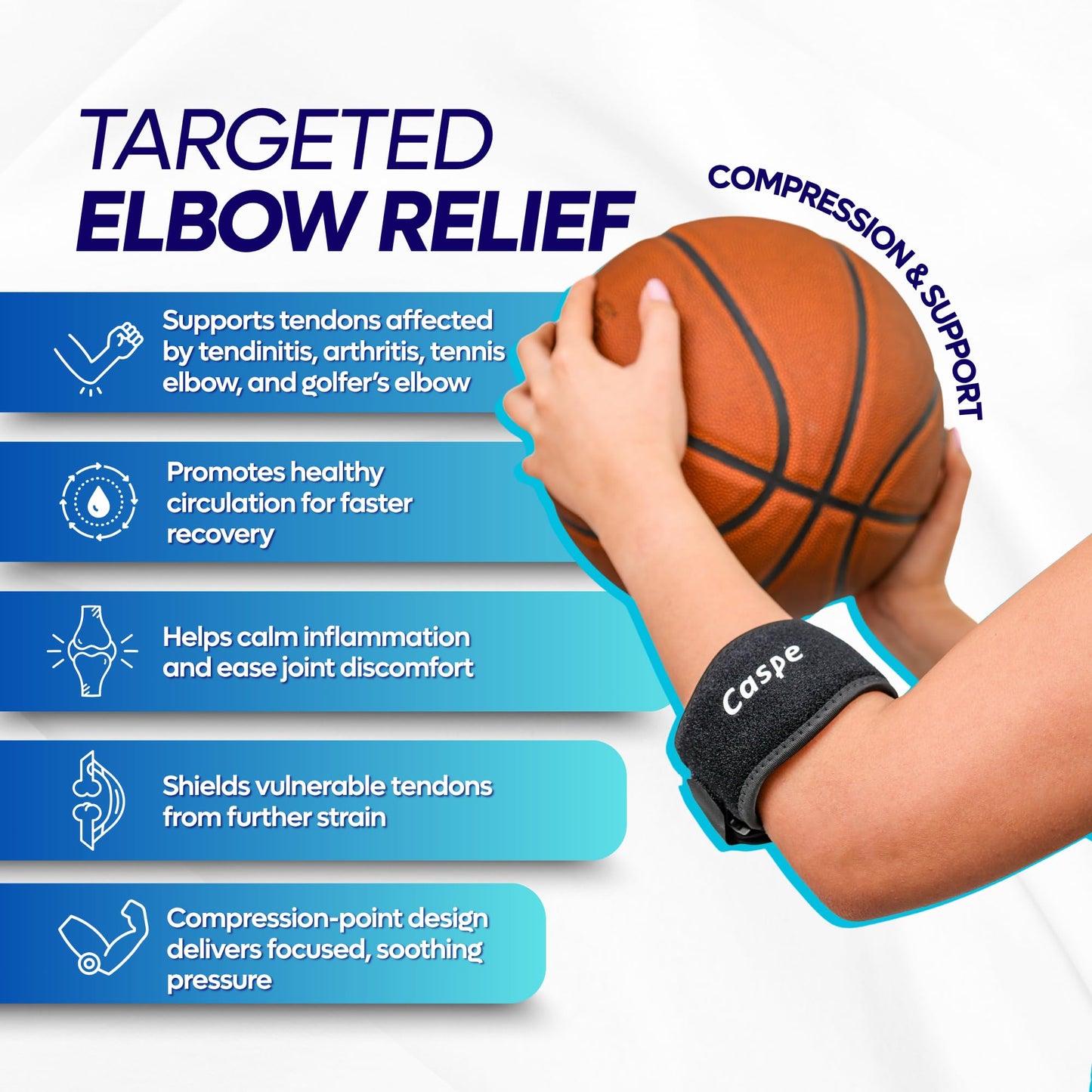 Caspe 2 Pack Tennis Elbow Brace for Men and Women – Adjustable Arm Brace for Tendonitis, Golfer’s Elbow and Bursitis – Arm Band & Counterforce Forearm Support, Daily Use Pain Relief – Black