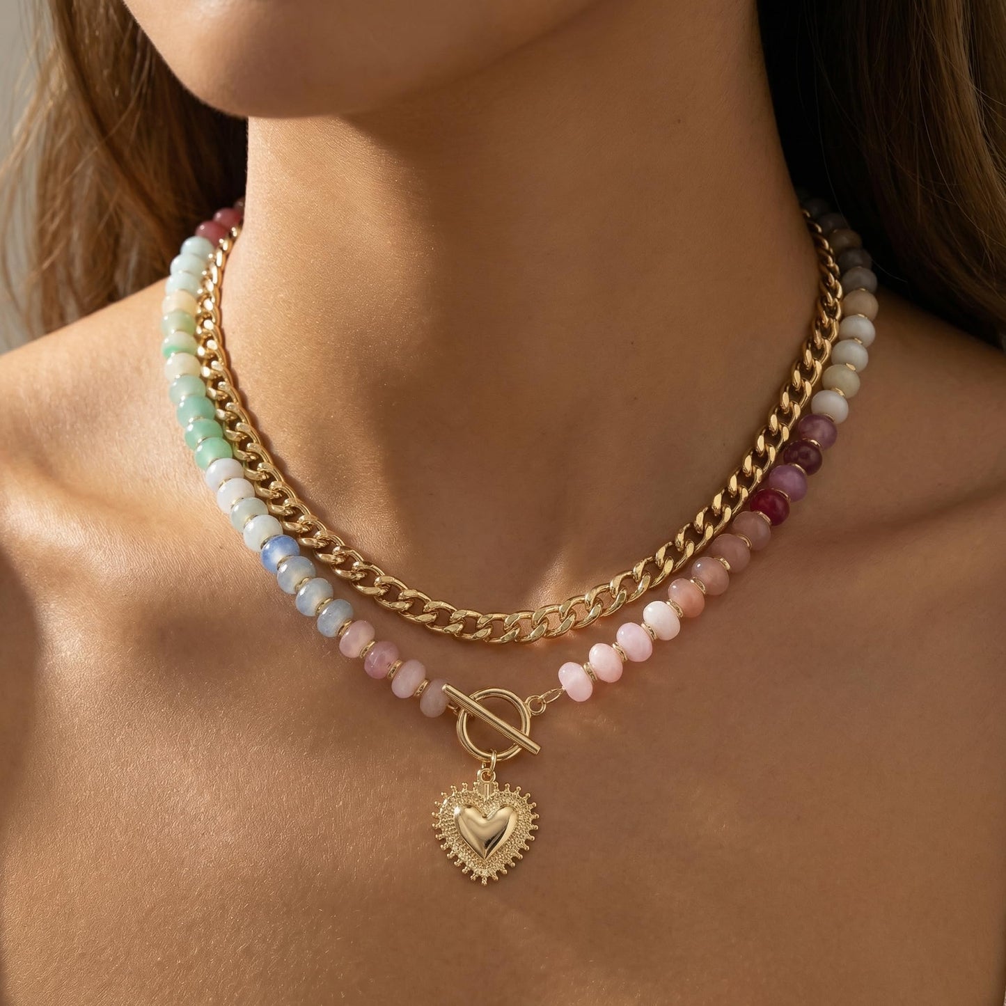 Frigotine Chunky Heart Necklace for Women, Pastel Blue Pink White Resin Beaded Choker with Gold Puffy Heart Pendant, Double Layer Chain Layered Statement Jewelry Gift