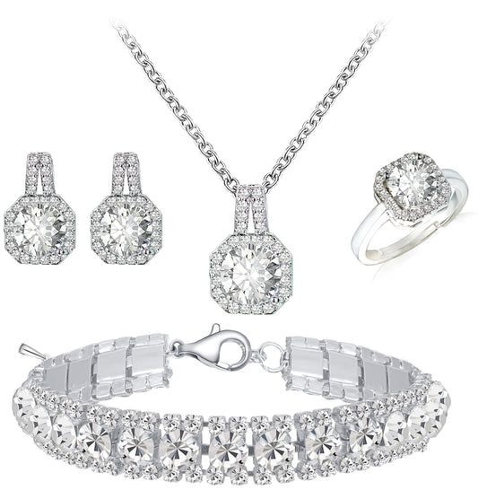 Paxuan 4pcs Cubic Zirconia Wedding Jewelry Sets for Bride Bridesmaid Cubic Zirconia Pendant Necklace Earrings Link Tennis Bracelet Open Ring Set for Women