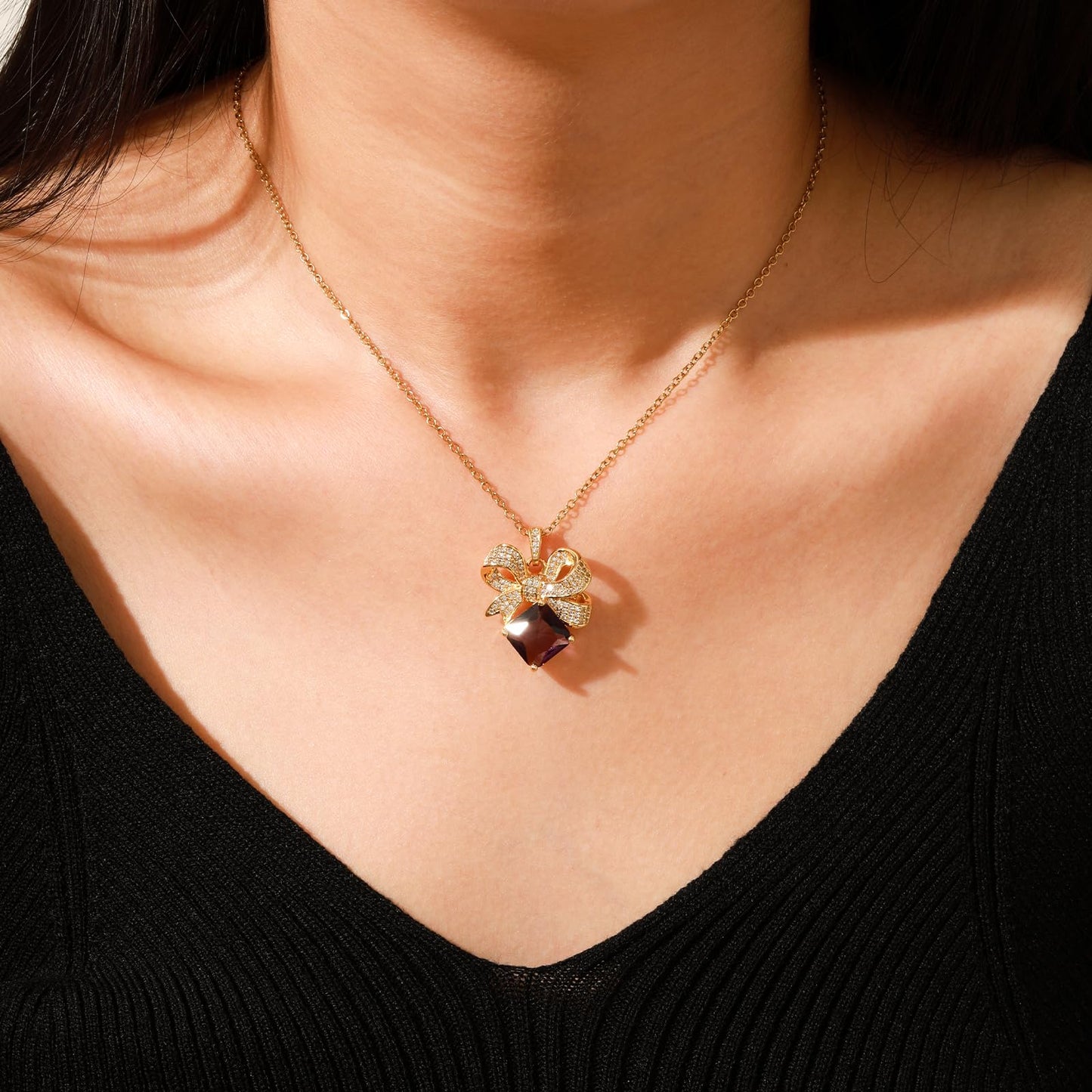 Purple Baroque Square February Birthstone Amethyst Bow Necklace for Women-Gold Plated Amethyst Pendant Waterproof Non Tarnish Maximalist Jewelry Necklace Birthday Valentines Day Mother's Day Christmas Thanksgiving Gifts