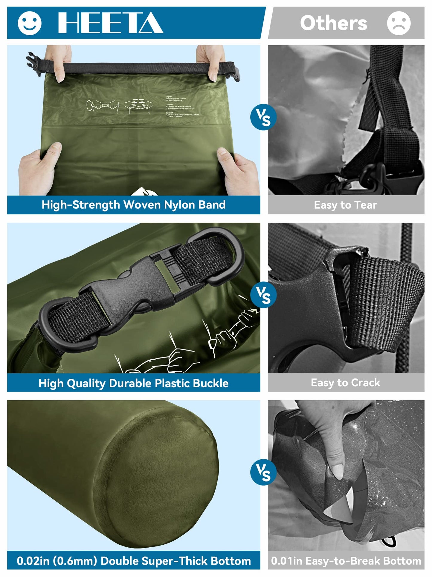 HEETA Dry Bag Waterproof for Women Men, Roll Top Lightweight Dry Storage Bag Backpack with Phone Case for Travel Swimming Boating Kayaking Paddle Board Camping Beach Accessories (Pitch Green, 30L)