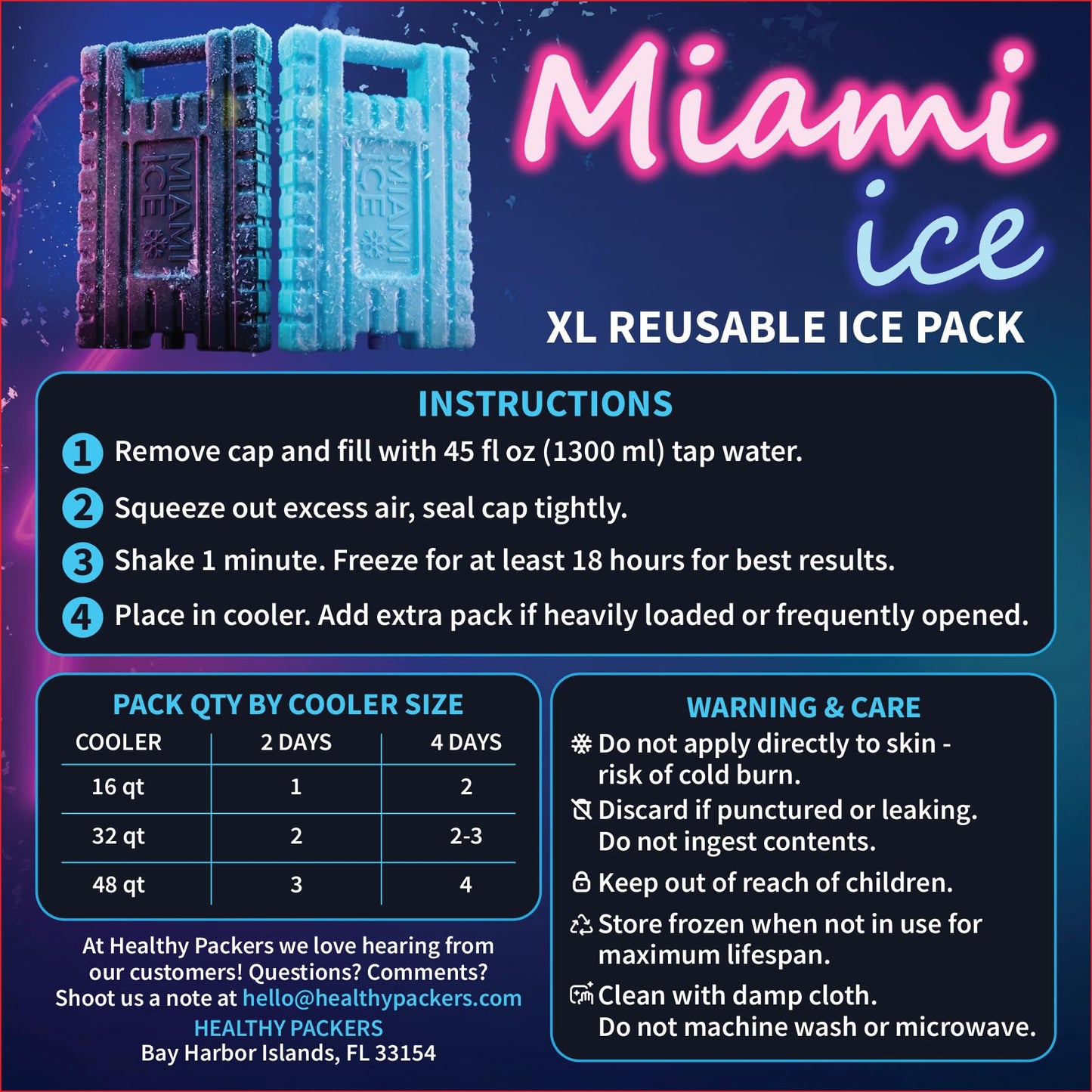 Miami Ice Reusable XL Cooler Ice Pack (12"x9") | Replaces 7 lbs of Ice, Stays Cold up to 96 Hours, BPA-Free, Built-in Handle, Large Frozen Ice Packs for Cooler (3-Pack)
