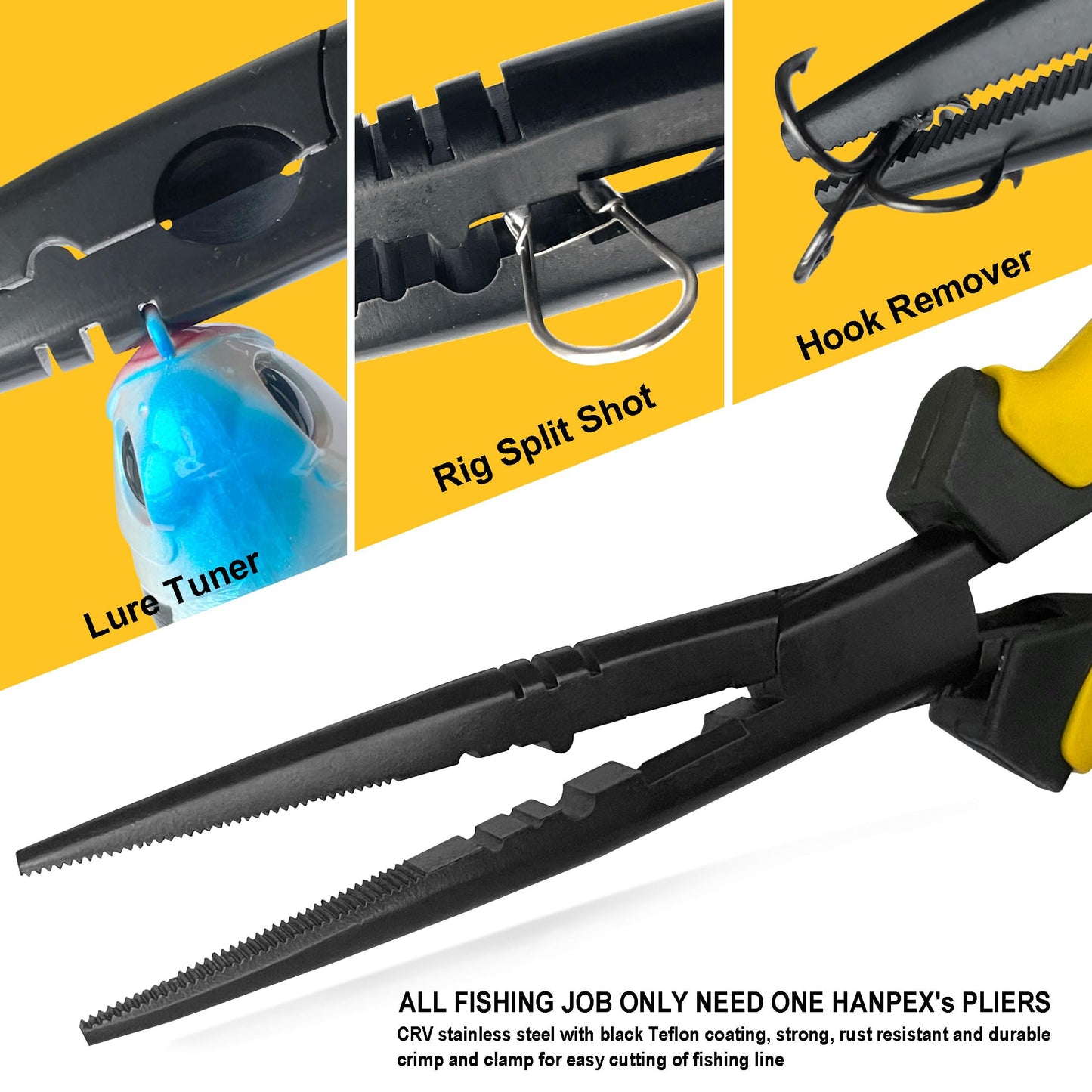 Hanpex-9 inch Fishing Pliers with Anti-rust Teflon coated, Freshwater/Saltwater Fishing Tools, Comfort Grip Handles Fishing Gear Idea for Fishing Trip