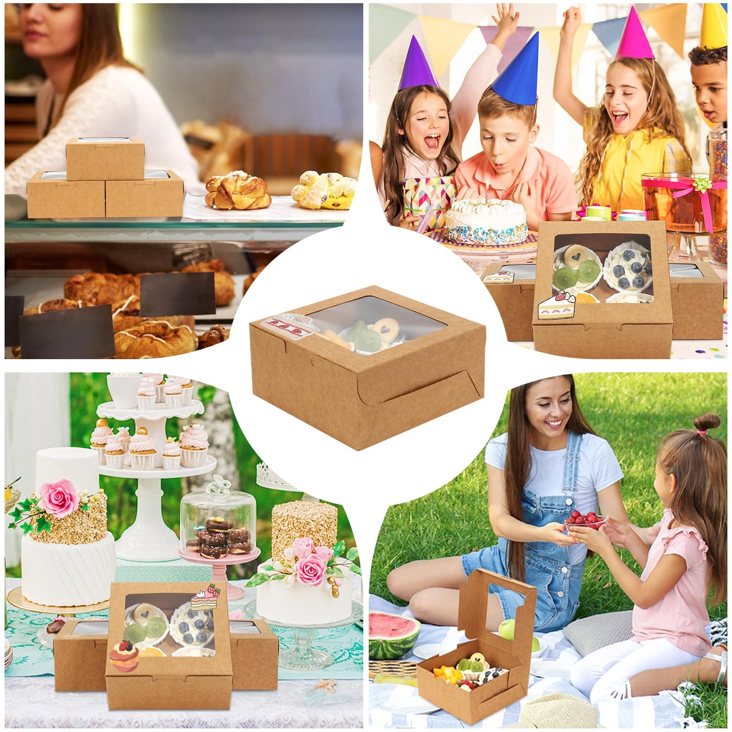 OAMCEG 30 Pack Cupcake Boxes with Window, 6x6x3 Inches Cookie Boxes, Bakery Treat Boxes for Pastry, Desserts, Chocolate Strawberries, Cupcake Containers, Gift Giving with Stickers & Twine （Brown）
