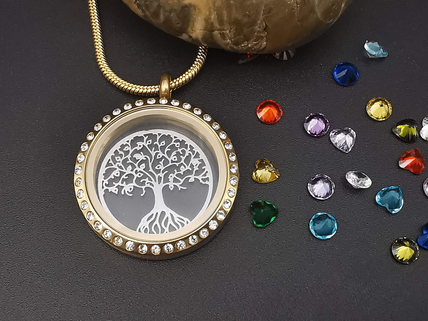 18K Gold Plated Tree of Life Floating Locket Family Necklace Pendant with 24Pcs Birthstones, Best Gift for Mom Mother Mummy Grandma Nana Aunt Niece Women