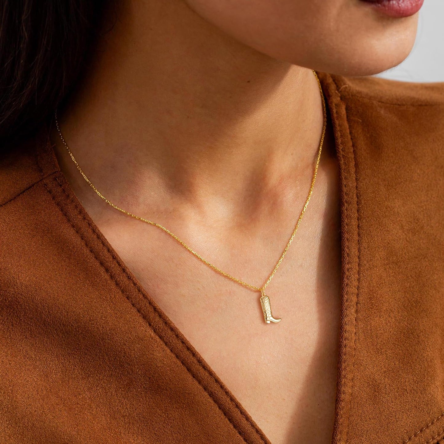 BSGRL Gold Necklace for Women- 14K Gold Plated Dainty Cowboy Boot Necklace 16.5"+2"