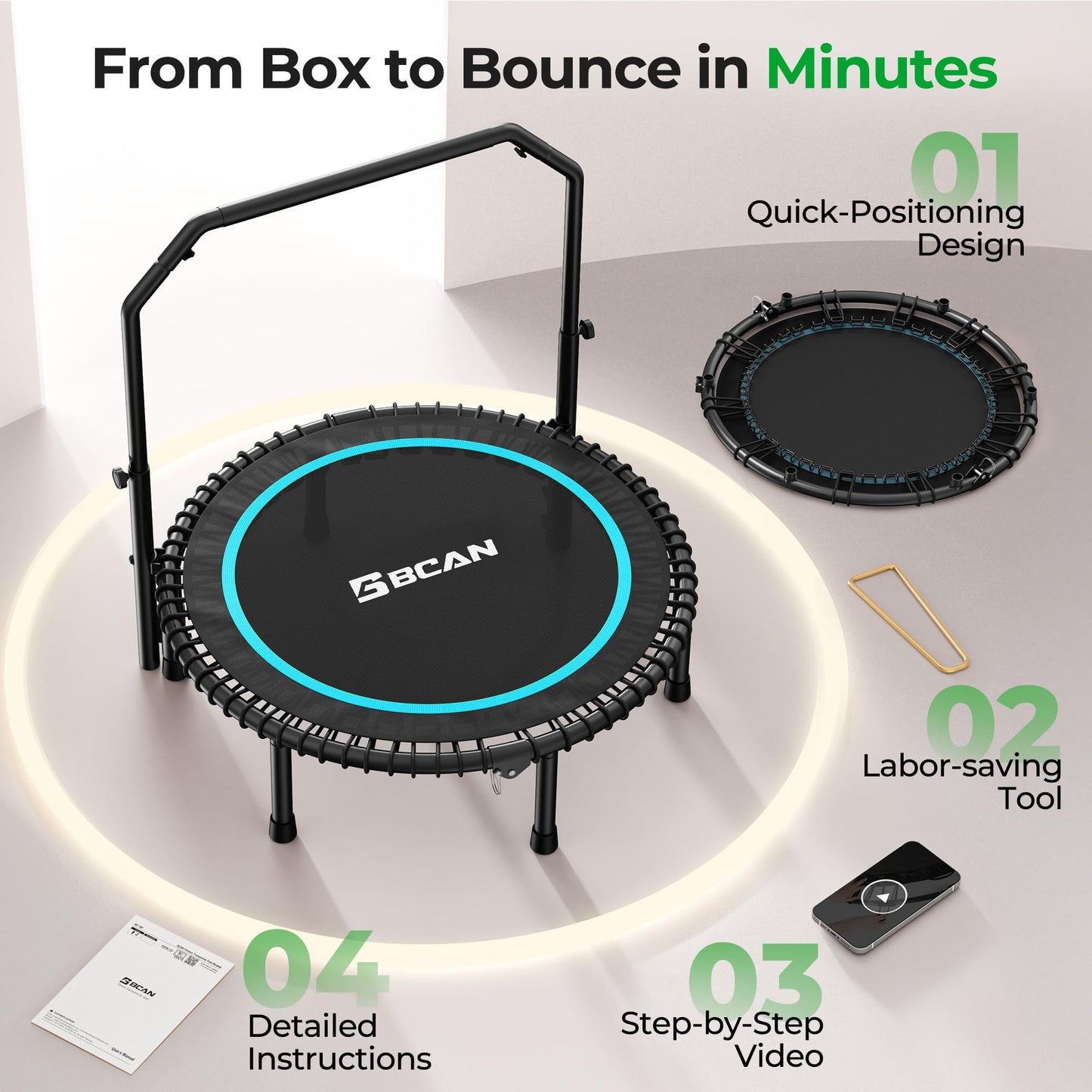 BCAN BT2 450/550LBS Mini Rebounder Trampoline for Adults with Bar, Fitness Trampoline with Bungees, Adjustable Handle, Stable & Quiet, Indoor Outdoor, Whole-Body Workout & Relaxation at Home-40IN-BLU