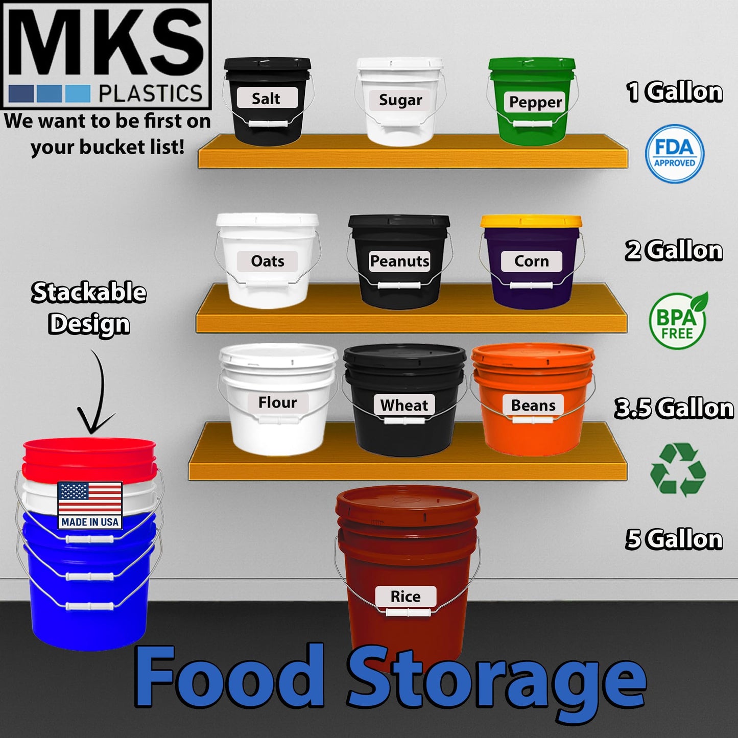 MKS Plastics 5-Gallon Bucket with Airtight Lid – Made in USA, Food Grade BPA Free Plastic, Heavy Duty Multi-Use, Metal Handle with Grip, Stackable Storage – Burgundy, 6 Pack