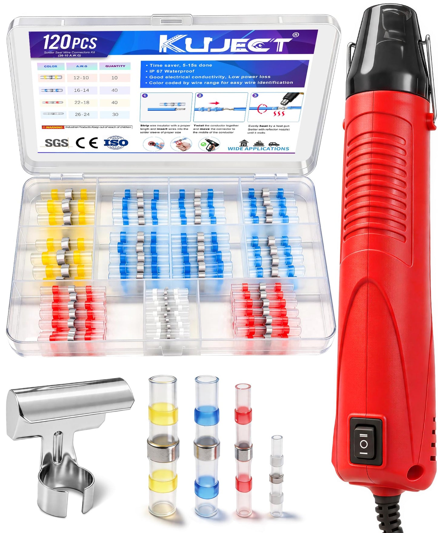 Kuject Mini Heat Gun, 120PCS Solder Seal Wire Connectors Kit, 350W Dual-Temp Heat Gun for Shrink Tubing, Waterproof Heat Shrink Wire Repair Kit with Solder Stick for Marine Automotive Truck, AWG 26-10