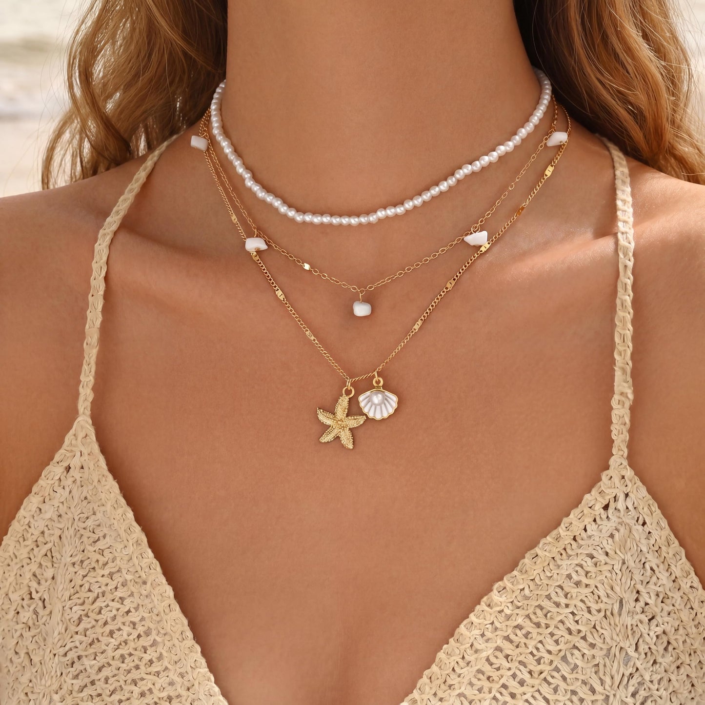 Shell Starfish Necklace for Women, Gold Plated Layered Pendant Necklace with Pearl Conch Charms, Boho Coastal Summer Beach Vacation Jewelry Gifts(Stone)