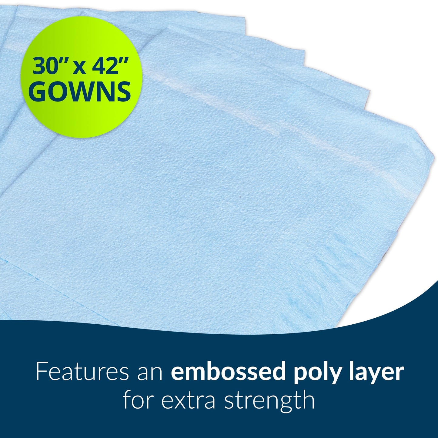 Avalon 813 Patient Gowns, Blue (Pack of 50) ― Tissue/Poly/Tissue ― Open-Back, Waist-Tie, Short-Sleeve Medical Gowns ― Disposable Exam Gowns ― Standard Size 30” x 42” ― Latex-Free Medical Supplies