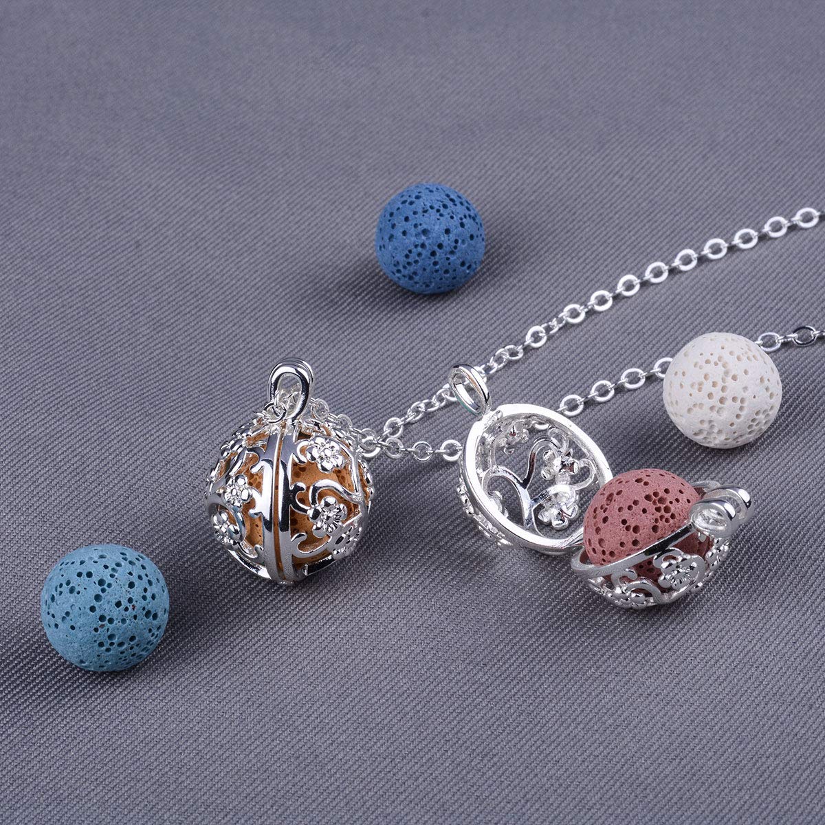INFUSEU Sakura Tree Aromatherapy Necklace, Essential Oils Diffuser Locket Pendant with 7 PCS Lava Rock Stones and 24" Link Chain