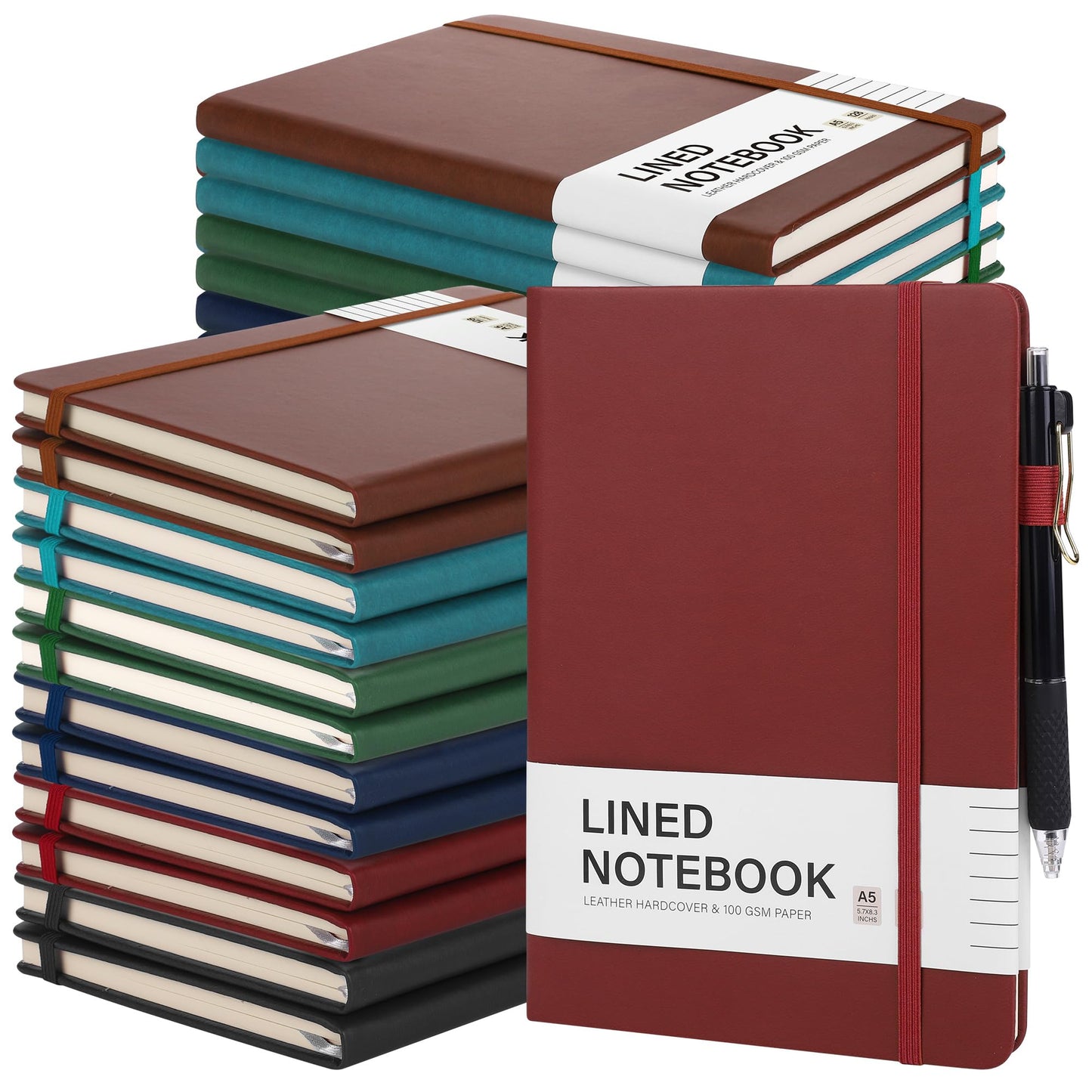 Aodaer 30 Set Lined Notebook Journals with Pens A5 Notebooks 100 GSM College Ruled Hardcover Notebook PU Leather Notepad with Pen Holder for Office School, 5.7 x 8.3 Inches, Deep Multicolor