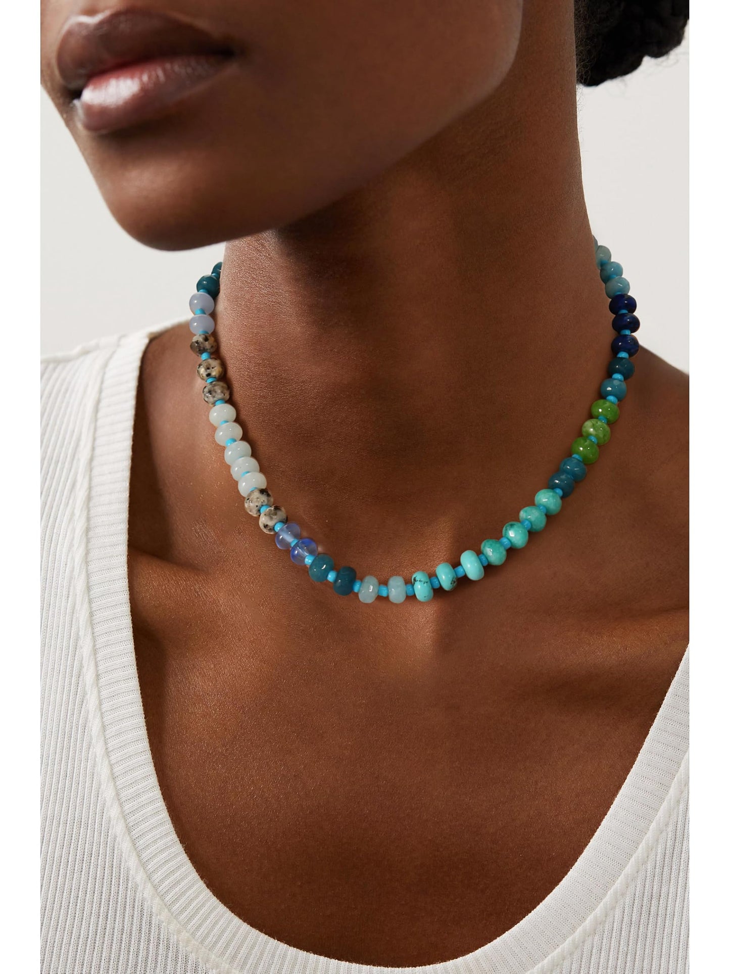 Gemstone Beaded Necklace for Women Colorful Natural Stone Freshwater Pearl Surfer Beach Rainbow Necklace Jewelry Gift (Blue)