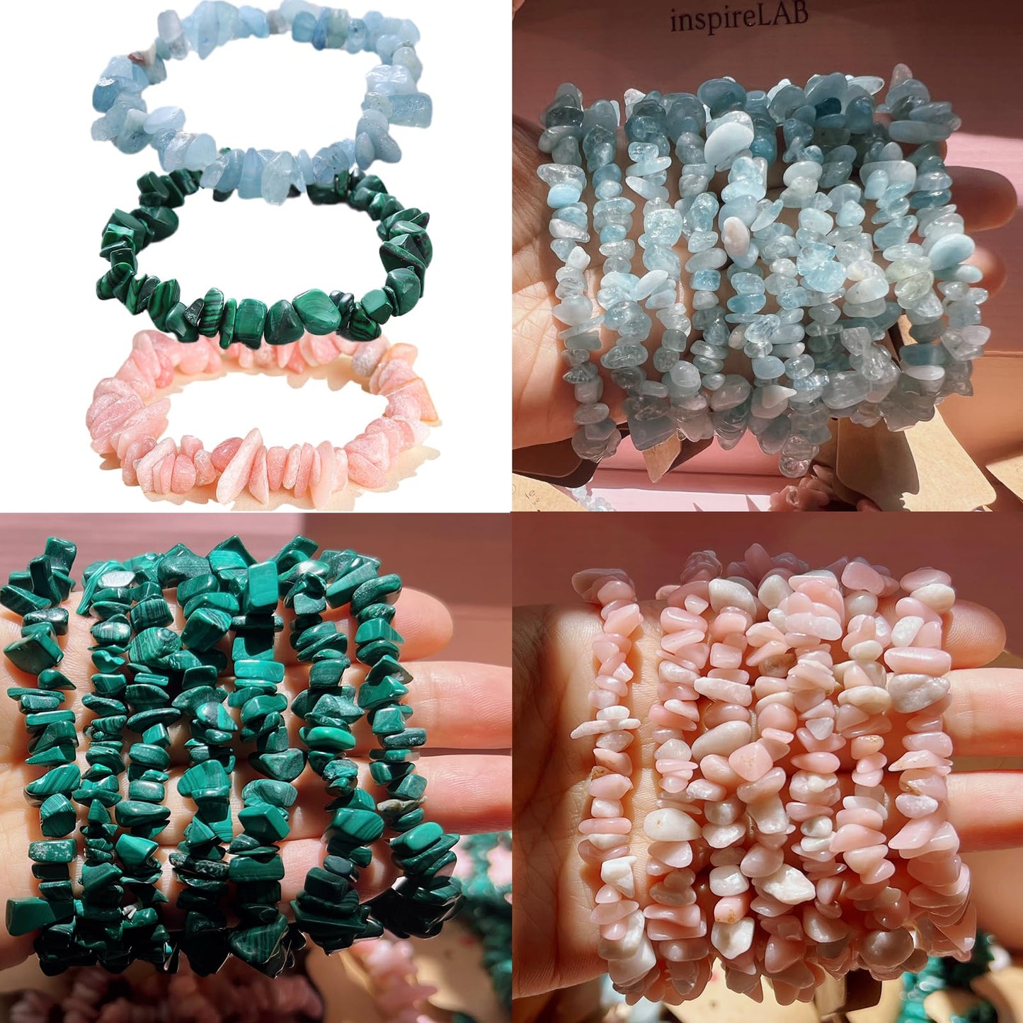 KRYOSAUR Healing Crystal Bracelets 3 Pack for Women, Stone Energy Bracelet Set with Pink Opal, Aquamarine, Malachite for Anxiety Relief, Emotional Healing, Love & Good Luck, Chakra Balancing Gift