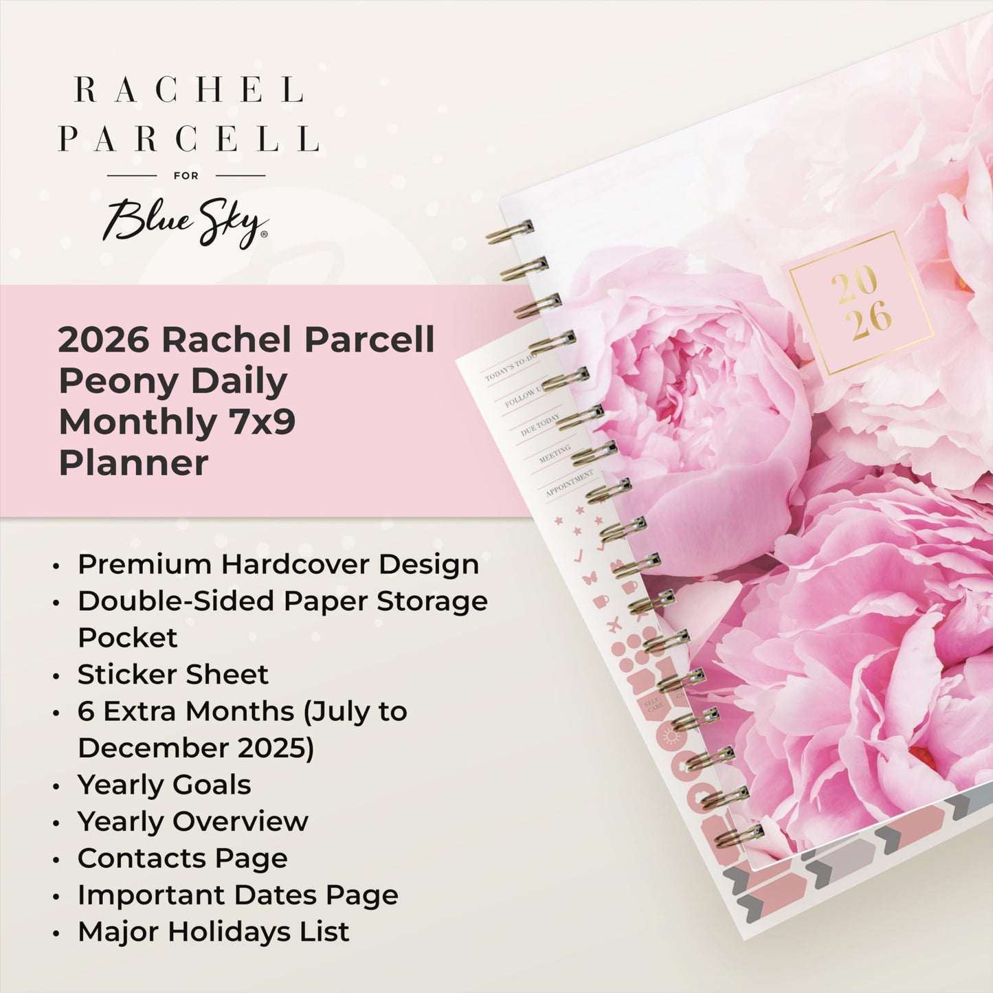 Blue Sky Rachel Parcell 2026 Daily and Monthly Planner Calendar, January 2026 - December 2026, 7" x 9", Hard Cover, Durable Twin Wire Binding, Laminated Tabs, Storage Pocket, Stickers, Peony