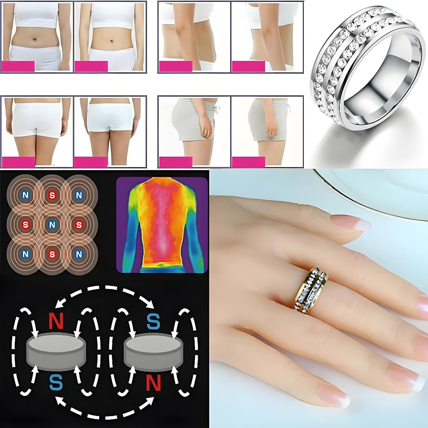 Mengji Life Magtherapy Lymphatic Drainage Titanium Ion Ring, Lymph Nodes Acupuncture Therapy Olux Rhinestones Rings For Women Men Health Calming Jewelry Gifts (G+RG+S+B, 9)