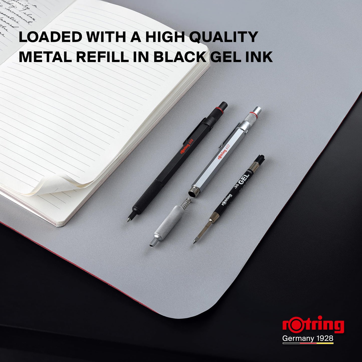rOtring 600 Gel Pen, Black Metal Body Pen, Black Ink, 0.55mm, Non-Slip Knurled Grip & Hexagonal Barrel, Refillable, 1 Count - Smooth Writing, Stationary, Desk Essentials