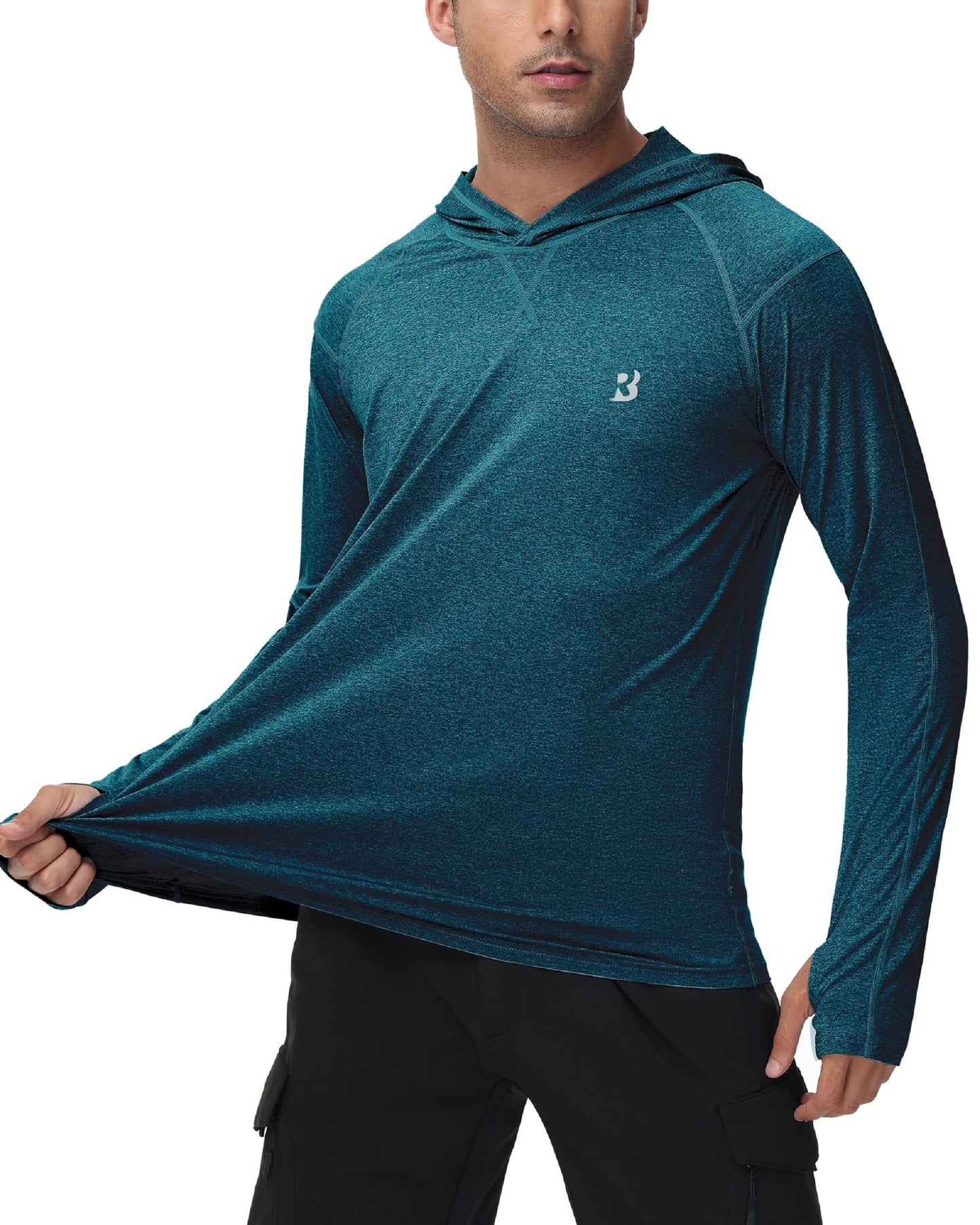 Mens UPF 50+ Fishing Swim Shirt - Long Sleeve Sun Shirts Rashguard Running Hiking Beach Workout Hooded Shirt with Thumbhole